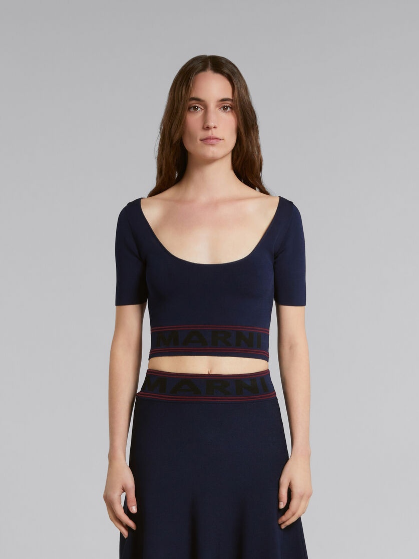 BLUE SCOOP-NECK TOP WITH LOGO HEM - 2