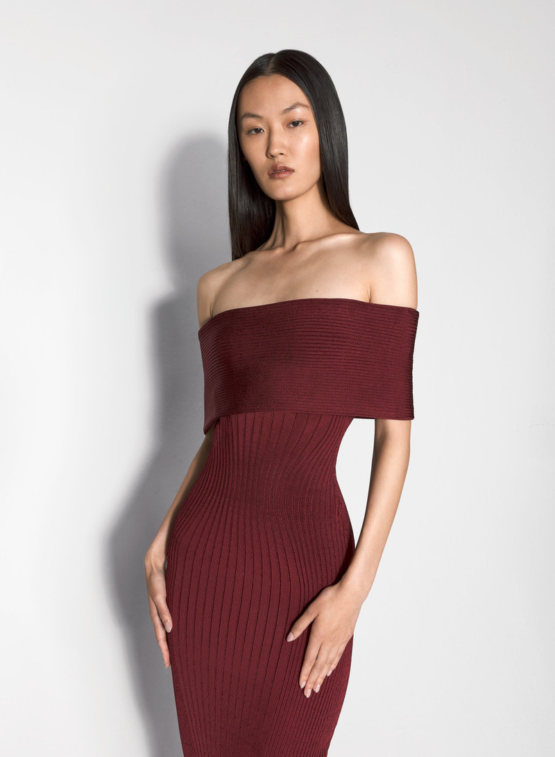 MUGLER burgundy off-shoulder sculpting knit dress outlook