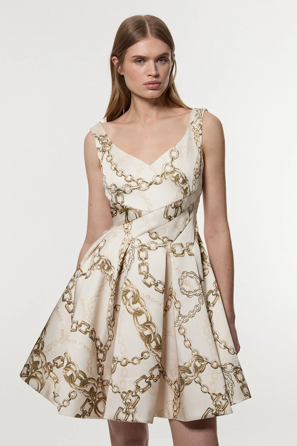 Structured Viscose Satin Chain Print Tailored Prom Mini Dress - 1