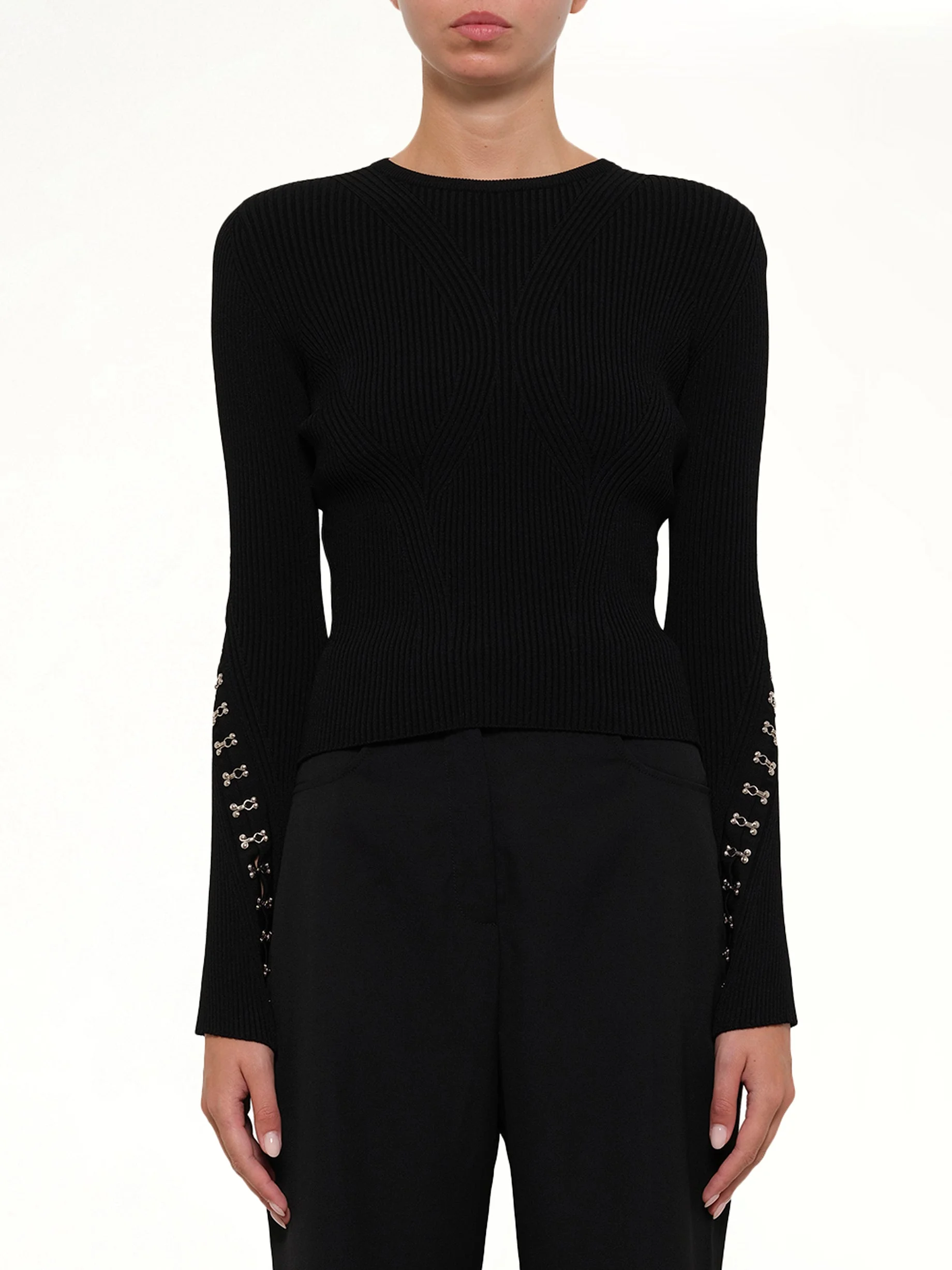 Slash Crew Neck Knitwear in Black - 1