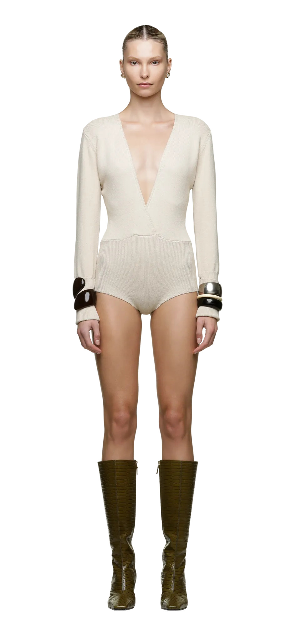 DEEP V KNIT BODYSUIT SAND - 3