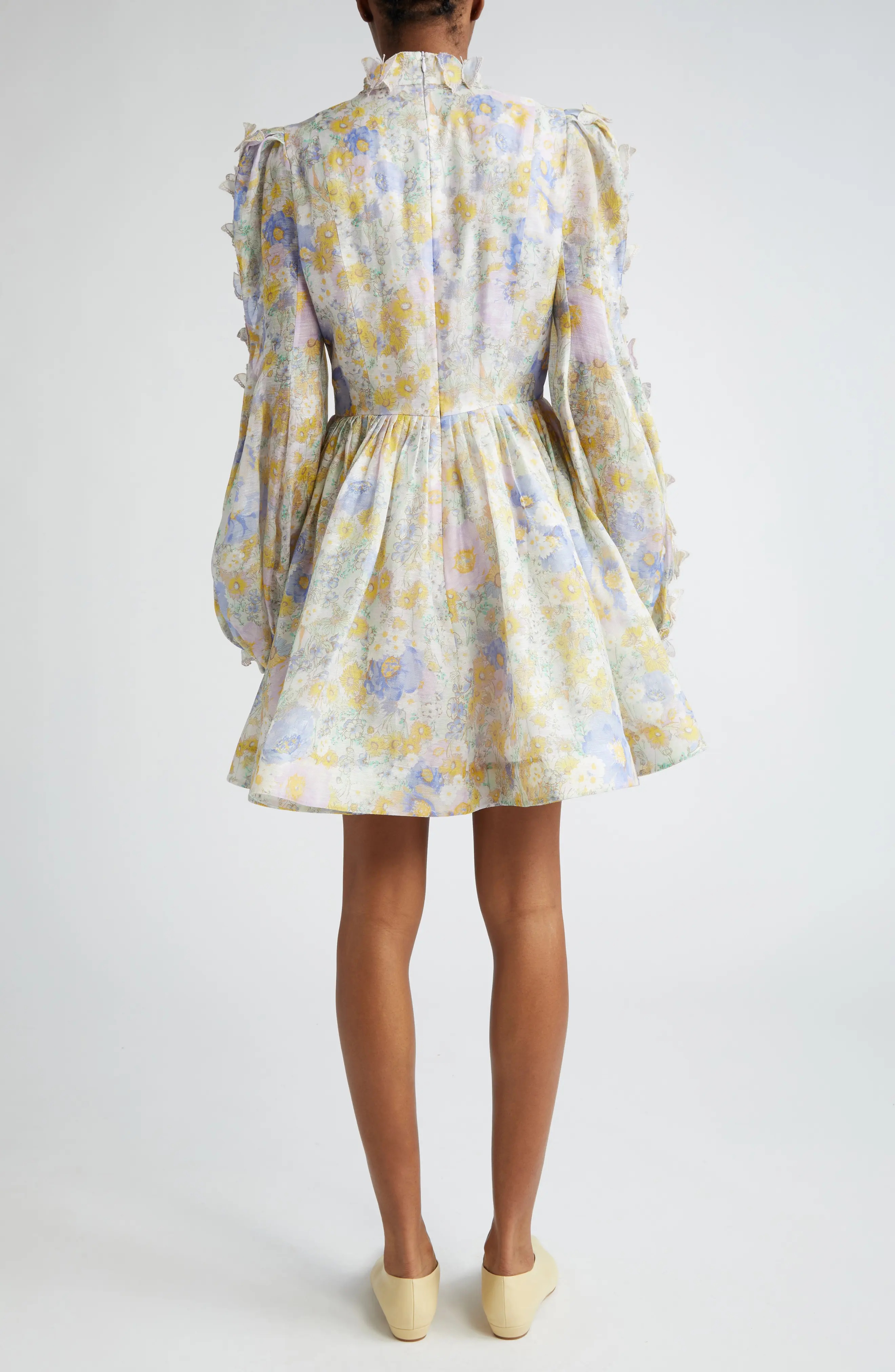 Butterfly Embellished Long Sleeve Linen & Silk Minidress - 2