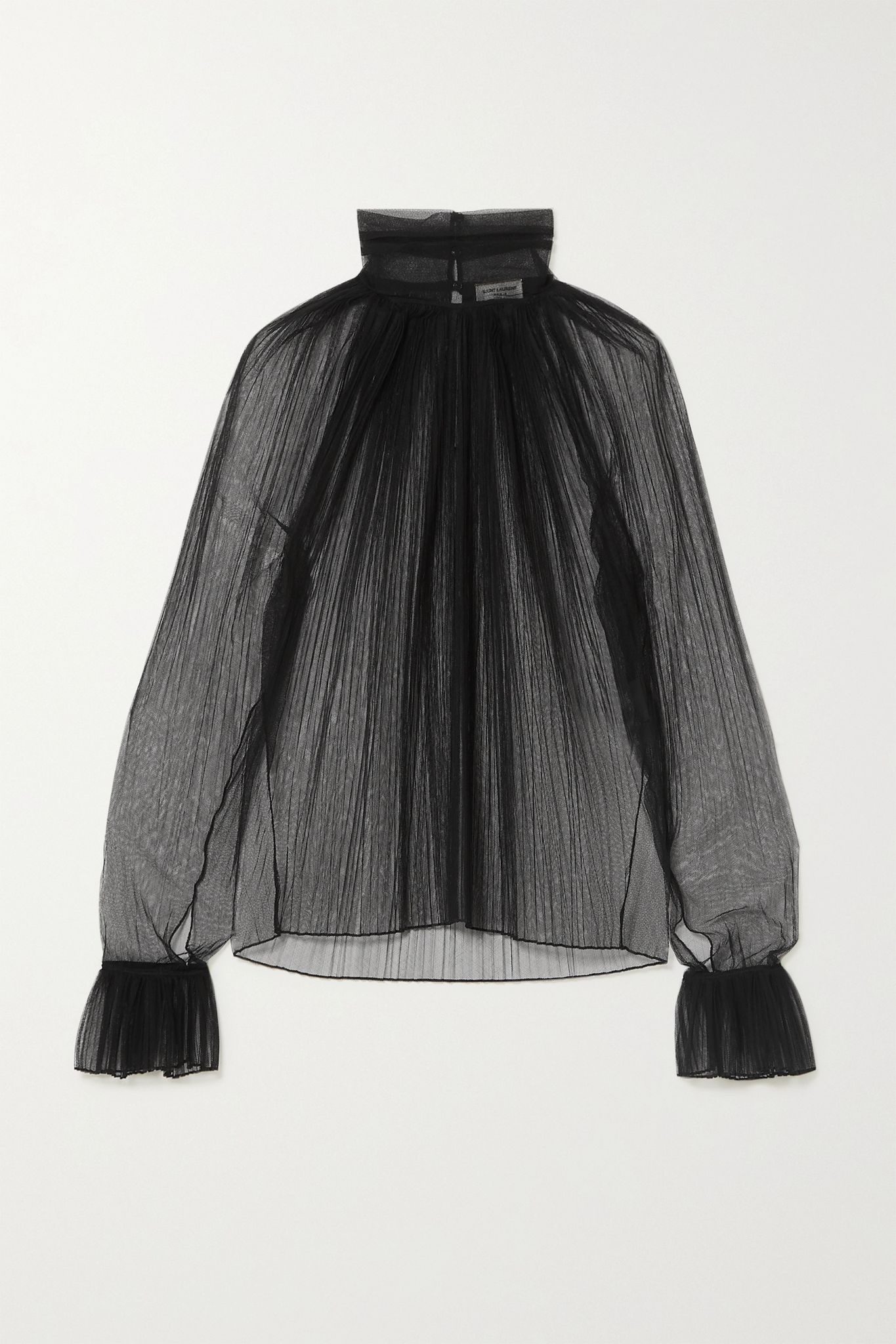 Ruffled plissé silk-tulle turtleneck blouse - 1