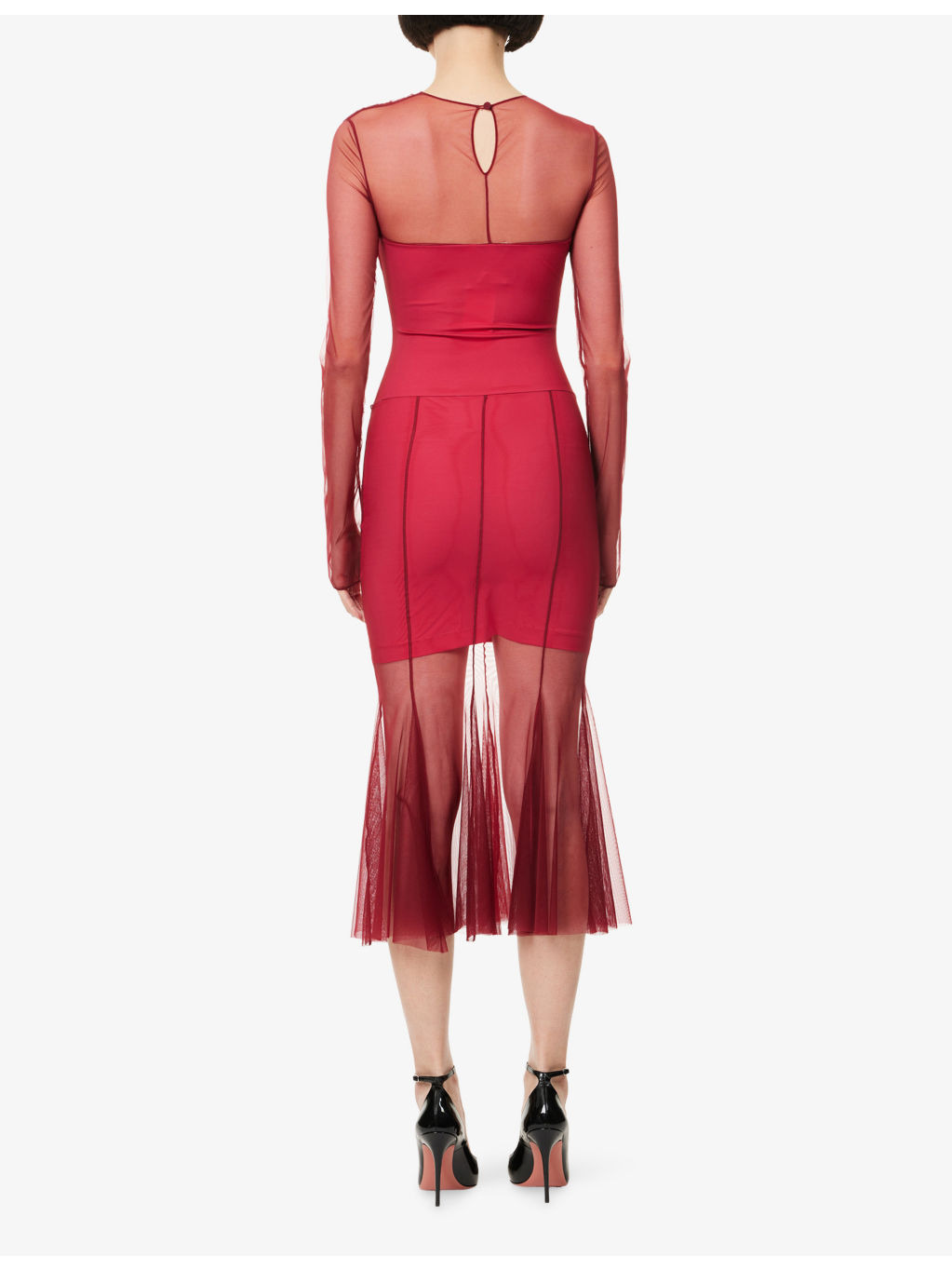 Long-Sleeve Gathered Mesh Woven Midi Dress - 4