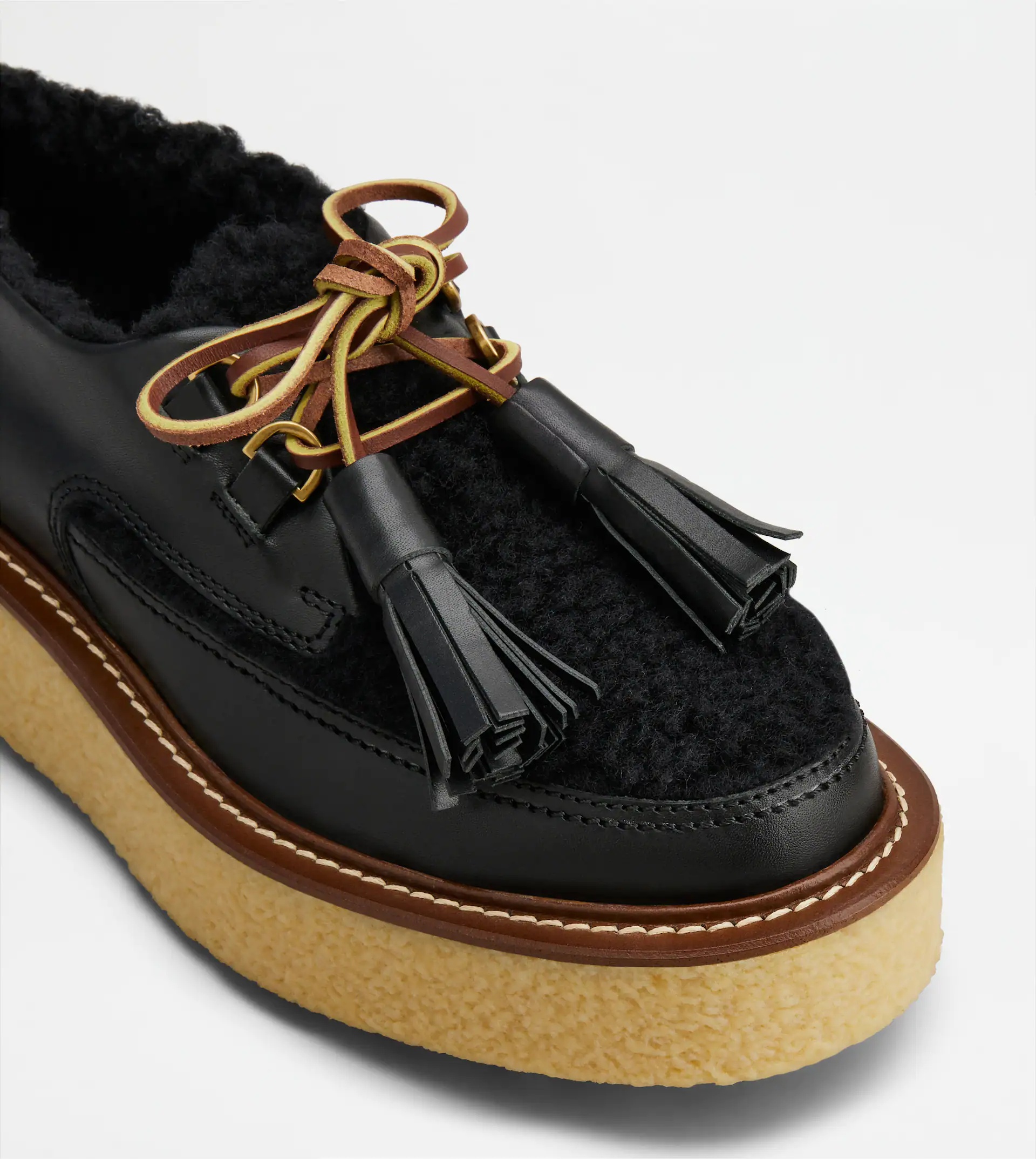 LACED PLATFORM LOAFERS IN LEATHER AND WOOL - BLACK - 5