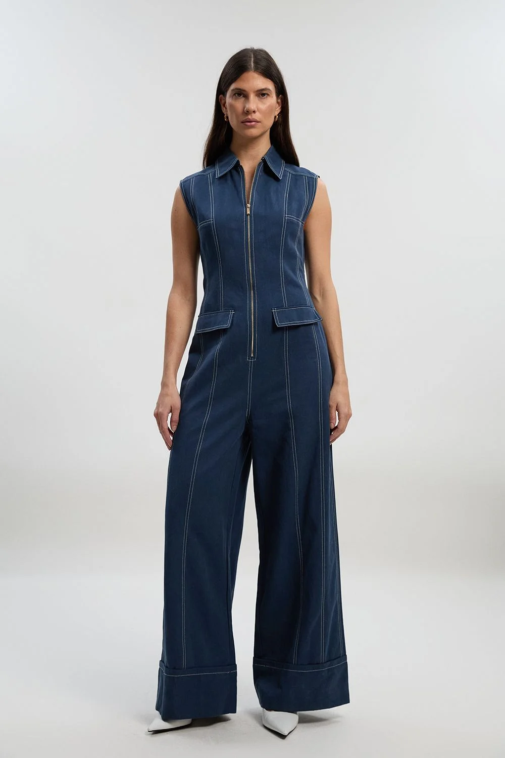 Tencel Cotton Contrast Stitch Zip Front Woven Jumpsuit - 1