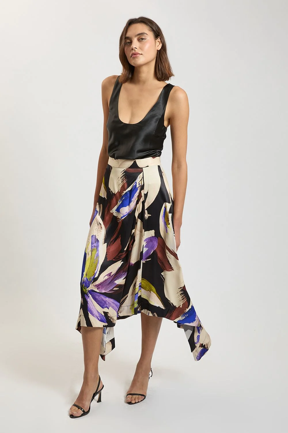 Viscose Satin Crepe Printed Asymetric Hem Skirt - 1