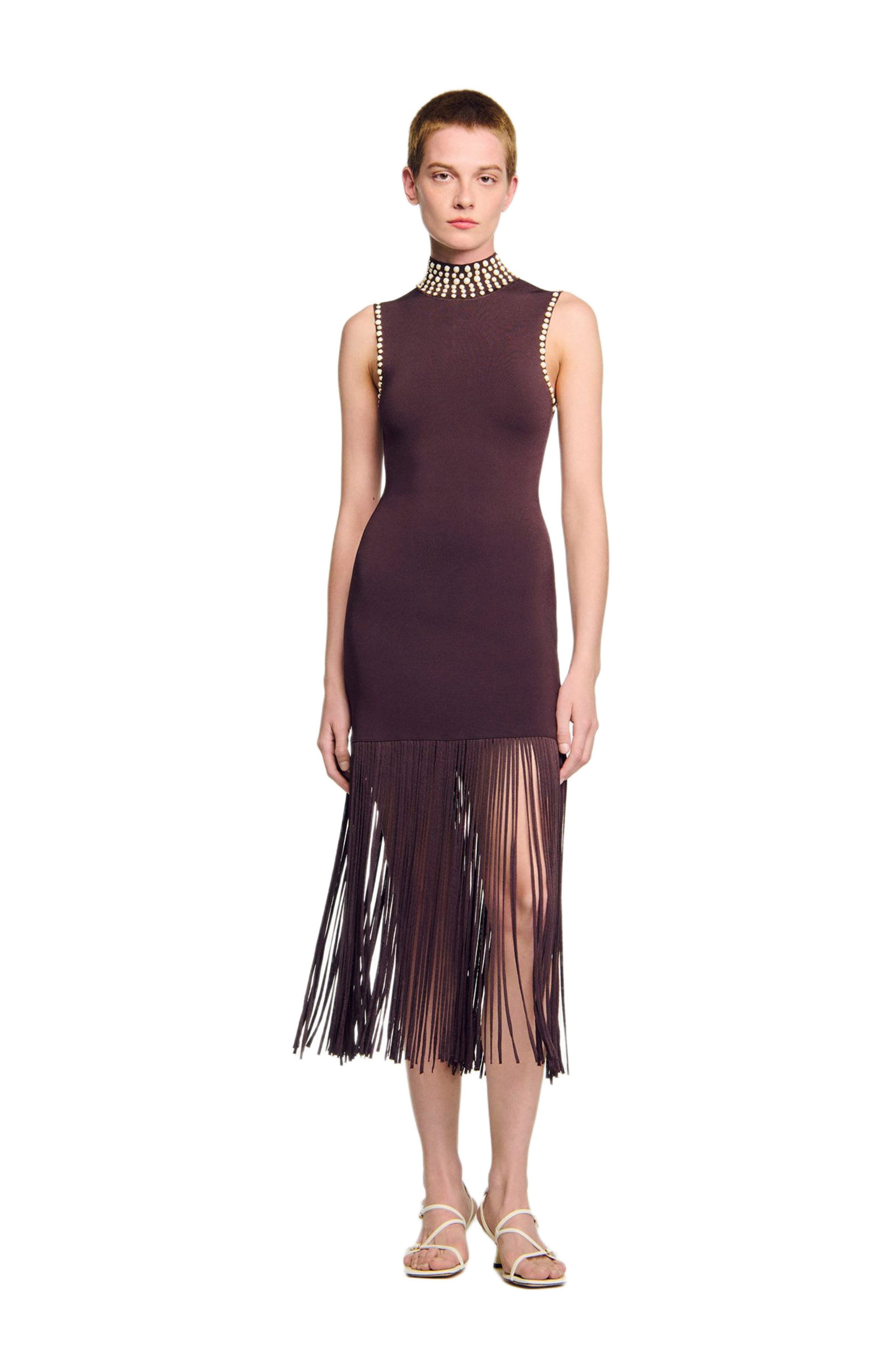 SANDRO Fringed knit midi dress in Brown at Nordstrom - 6