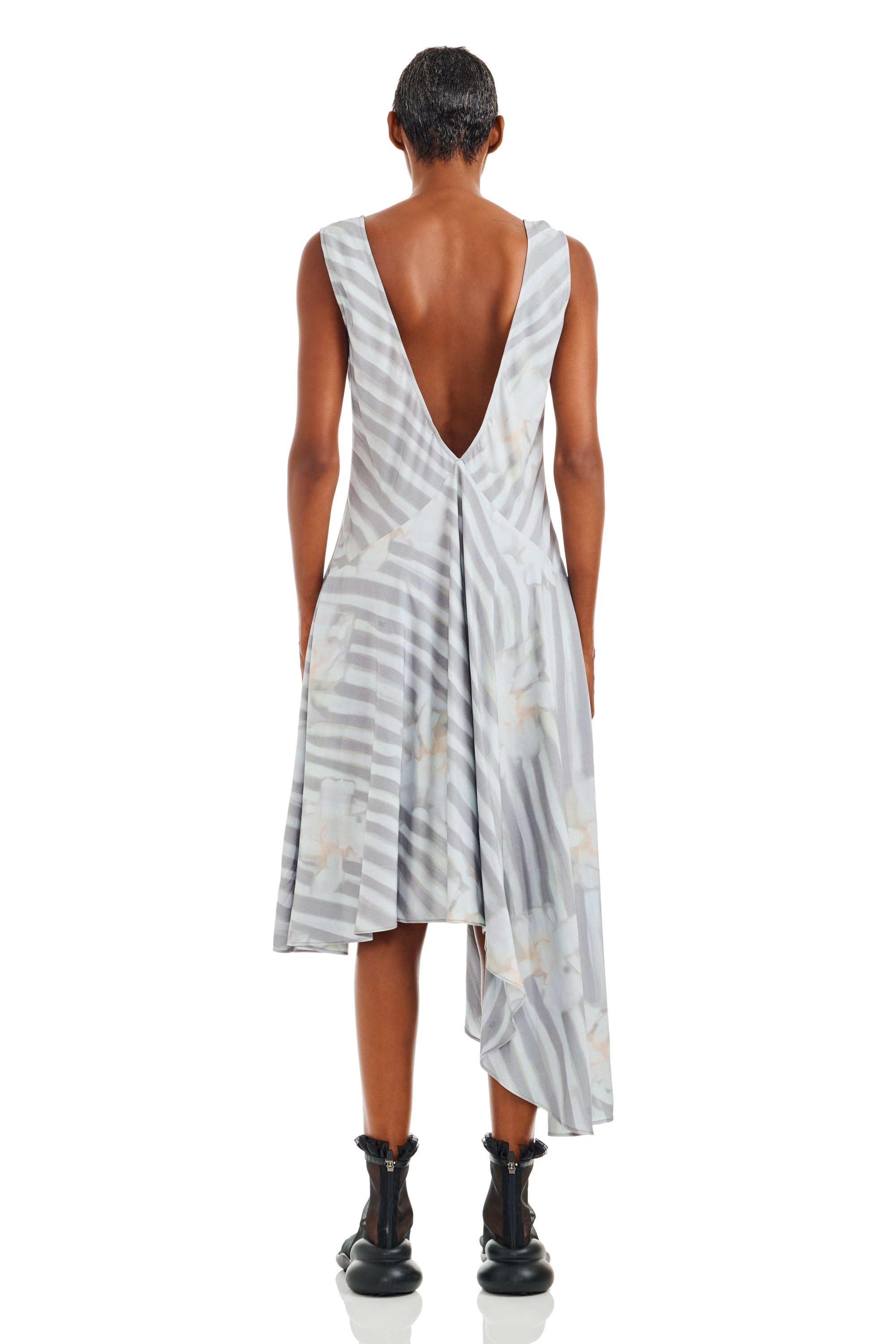 WASHED WAVY NAVY FLOWER STRIPE TULIP DRESS - 5