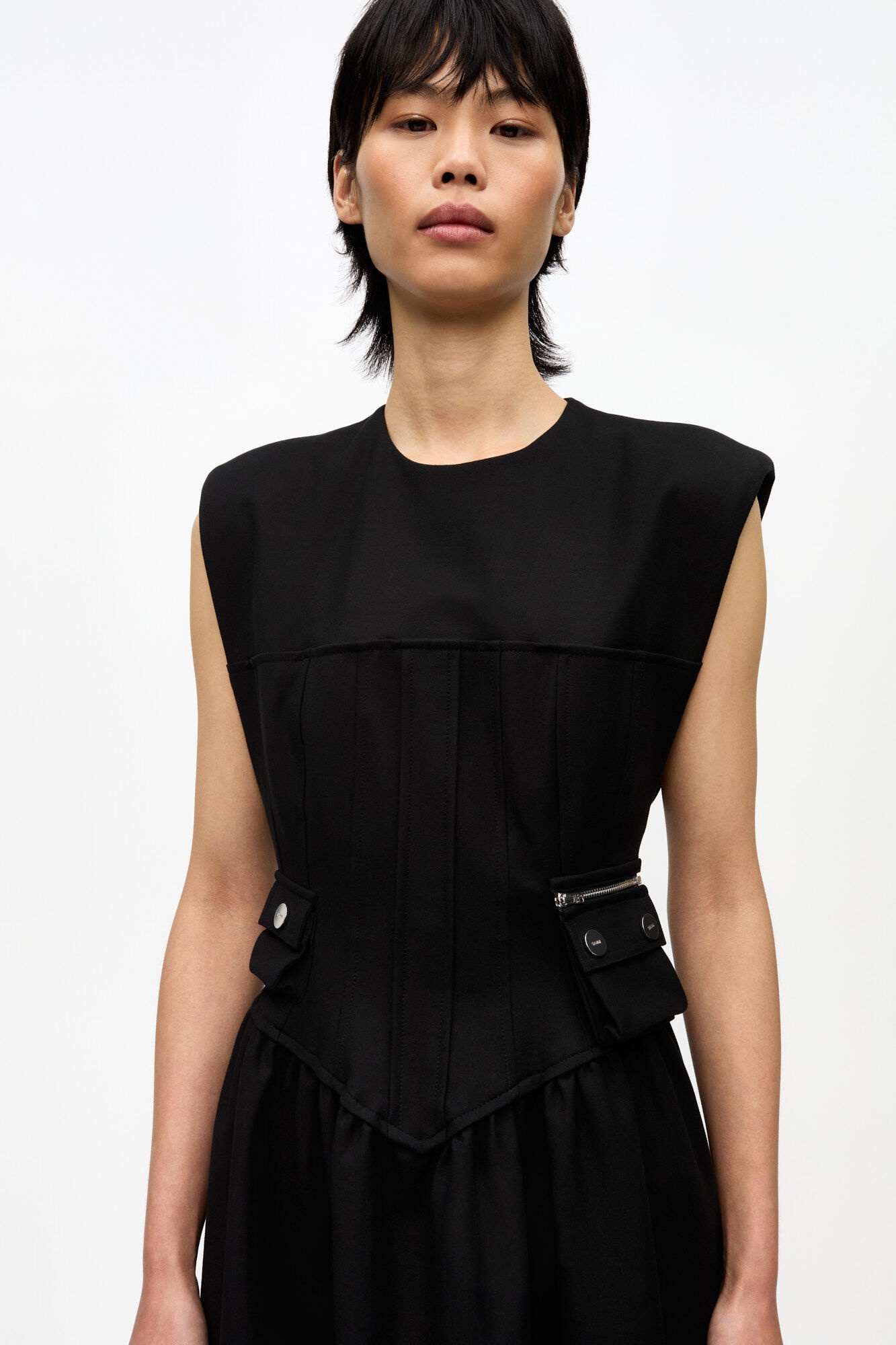 BLACK HEAVY COTTON CORSET MIDI DRESS - 4