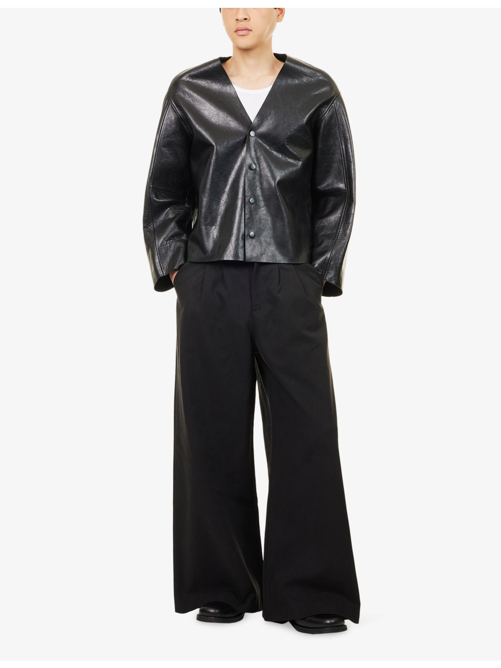 Minimal V-Neck Leather Jacket - 2