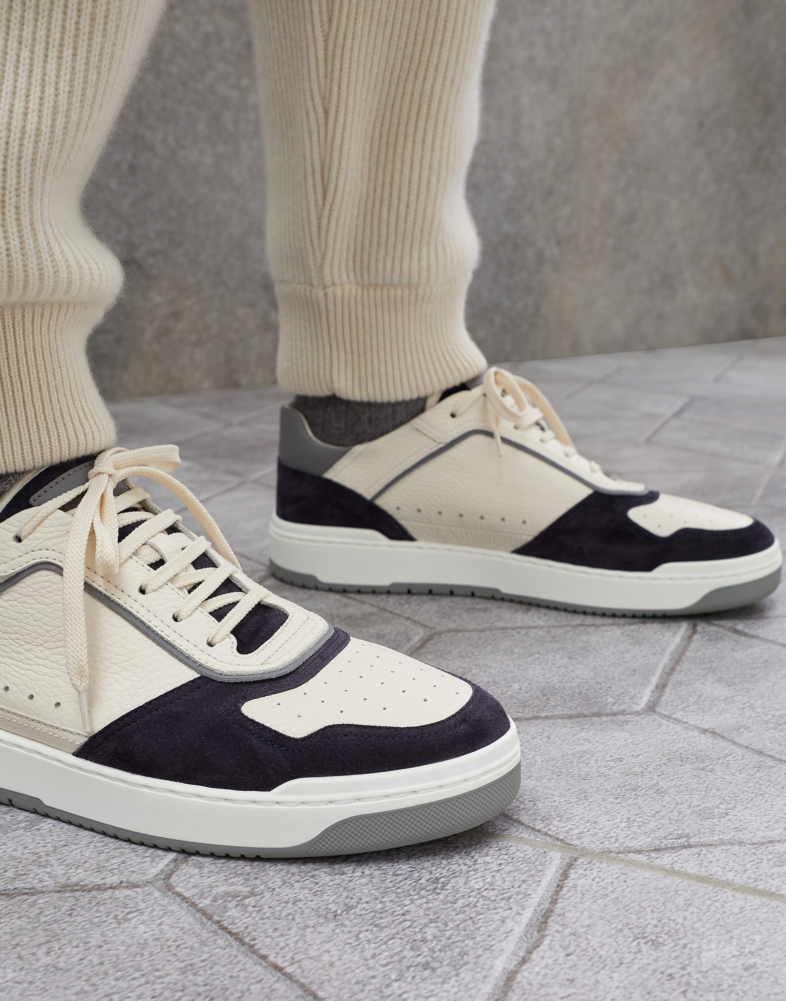 Grained calfskin and washed suede basket sneakers - 4