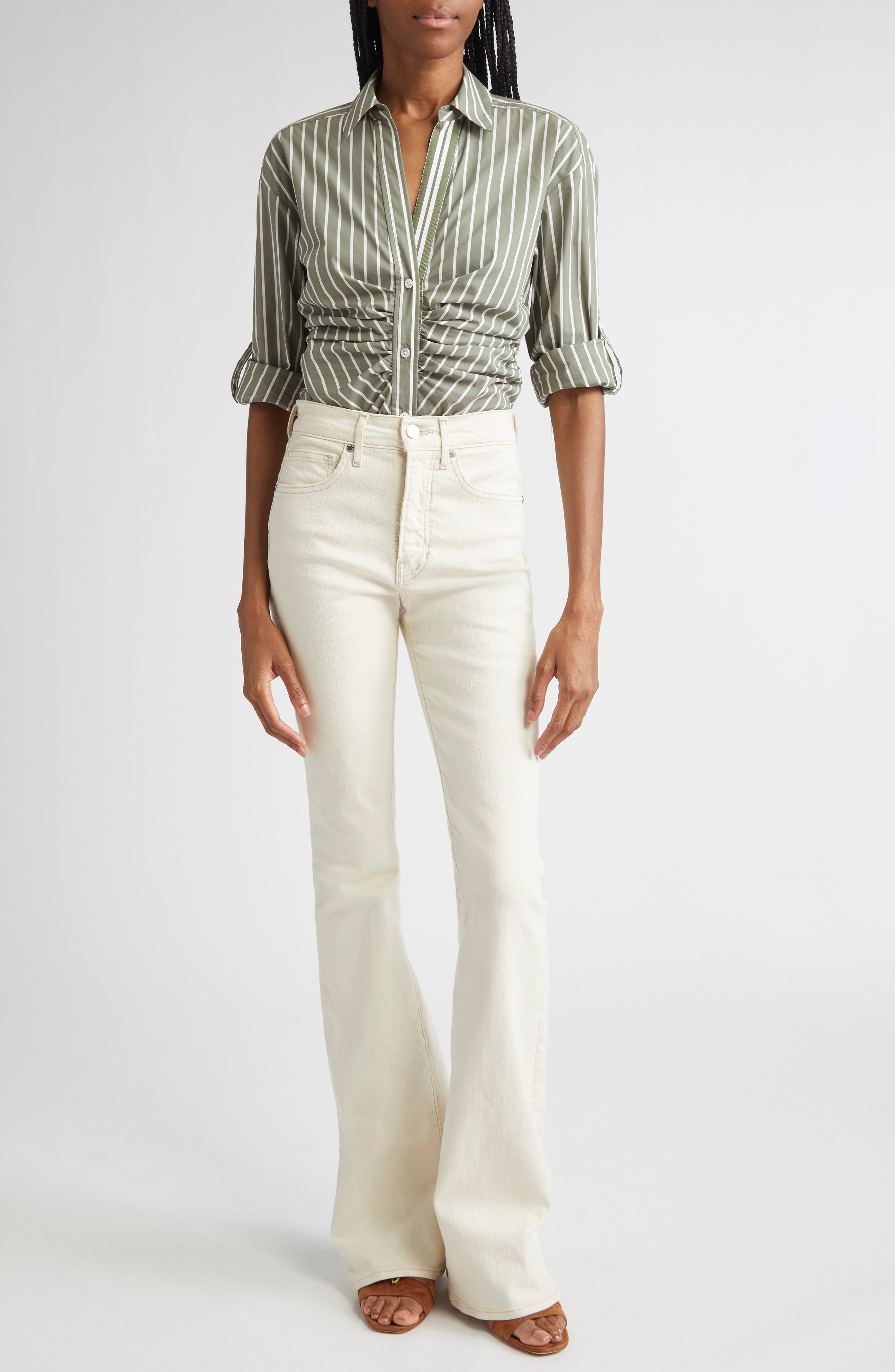Veronica Beard Devra Stripe Ruched Cotton Blend Button-Up Shirt in Stone Army White at Nordstrom - 2