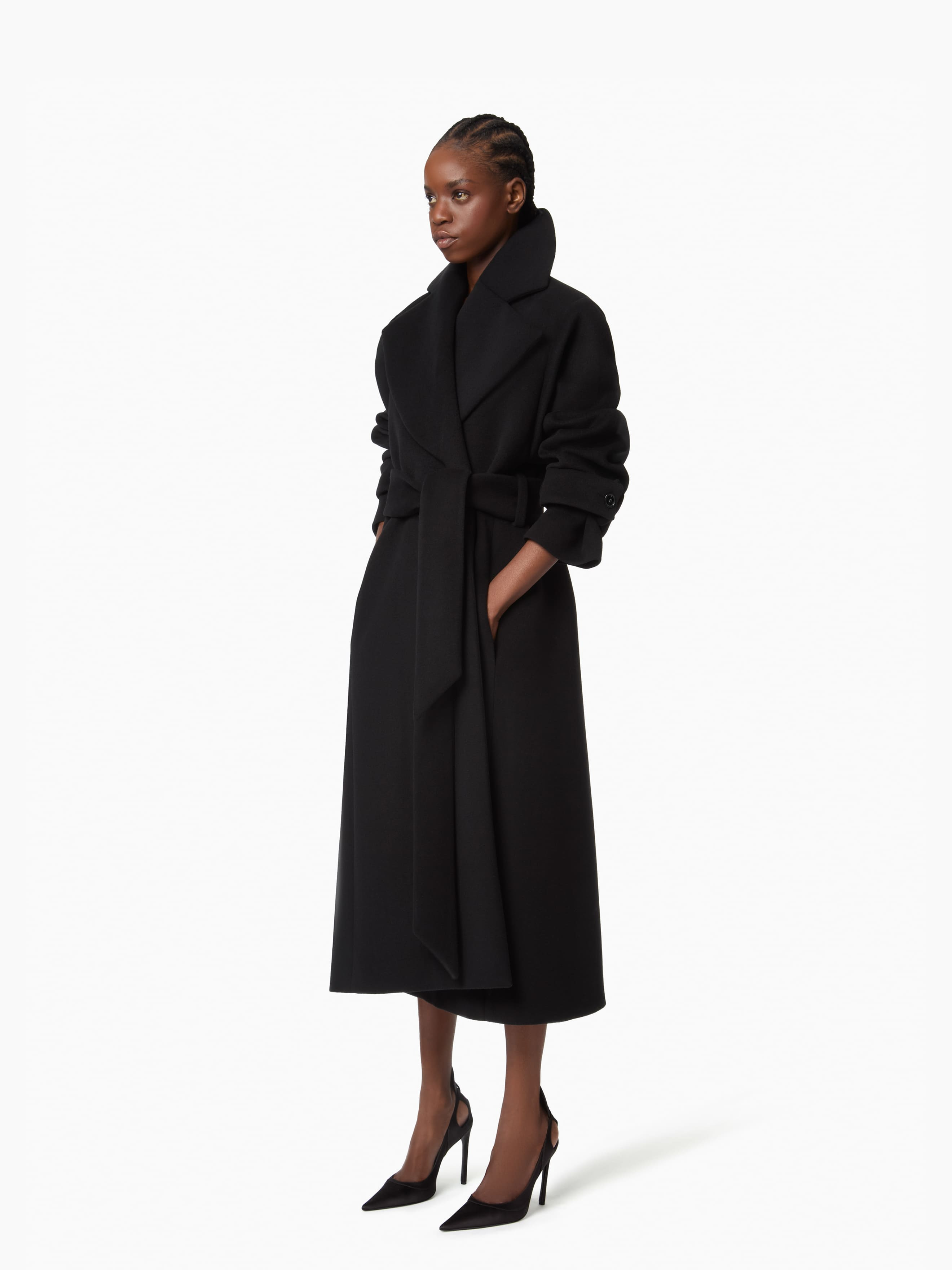Black Long Wool Robe Coat - 4
