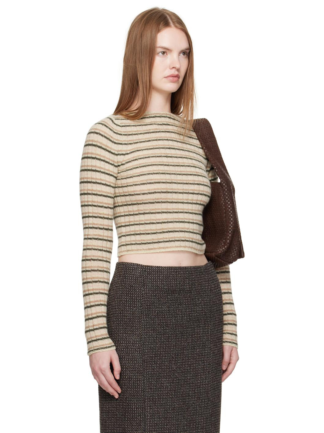 Beige Shetland Wool Cashmere Rib Knit Boat-Neck Sweater - 2