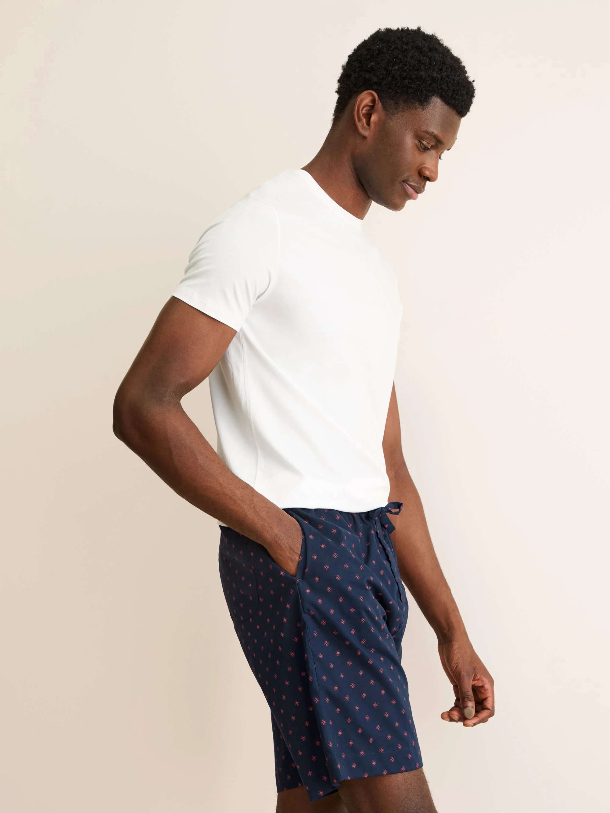 Men's Lounge Shorts Cotton Batiste Rose Star Motif Navy - 1