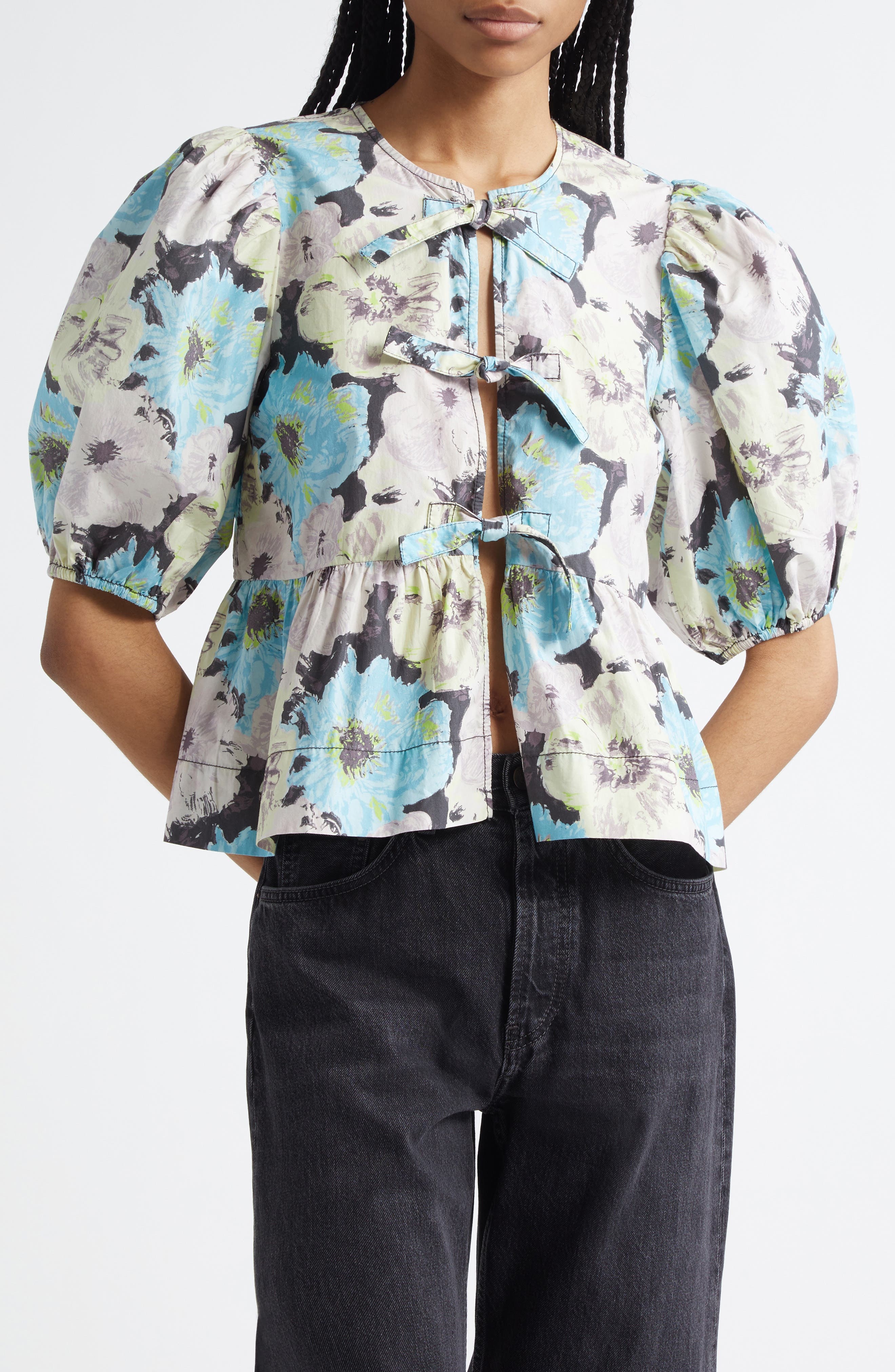 Ganni Print Puff Sleeve Peplum Organic Cotton Top in White Multicolor at Nordstrom - 1