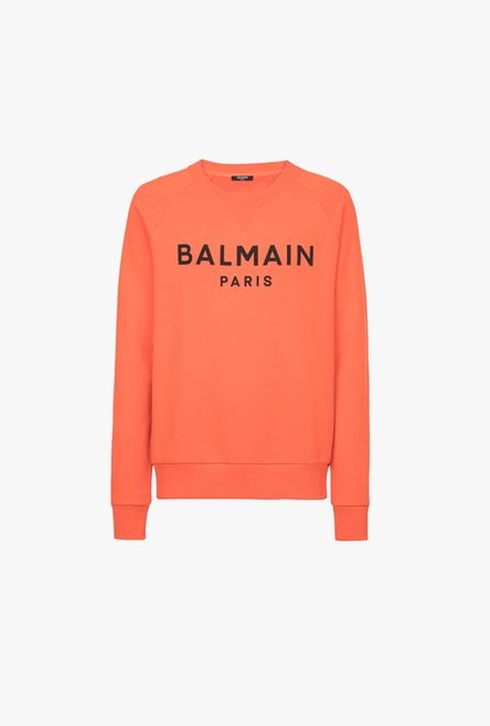 Orange cotton sweatshirt with black Balmain Paris logo print - 1