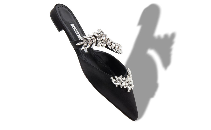 Manolo Blahnik Black Satin Crystal Embellished Flat Mules outlook