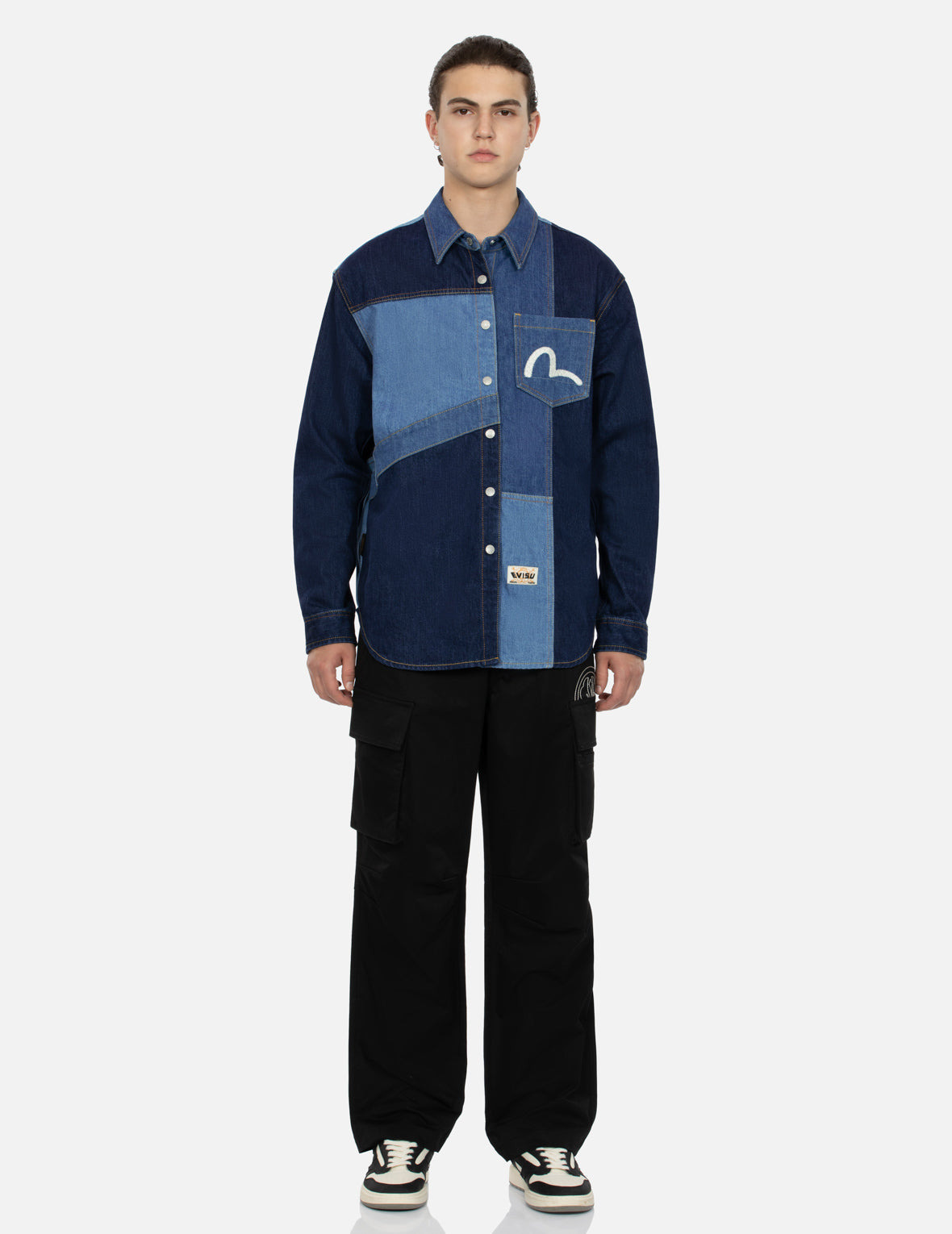 KAMON AND SEAGULL EMBROIDERY LOOSE FIT CARGO PANTS - 5