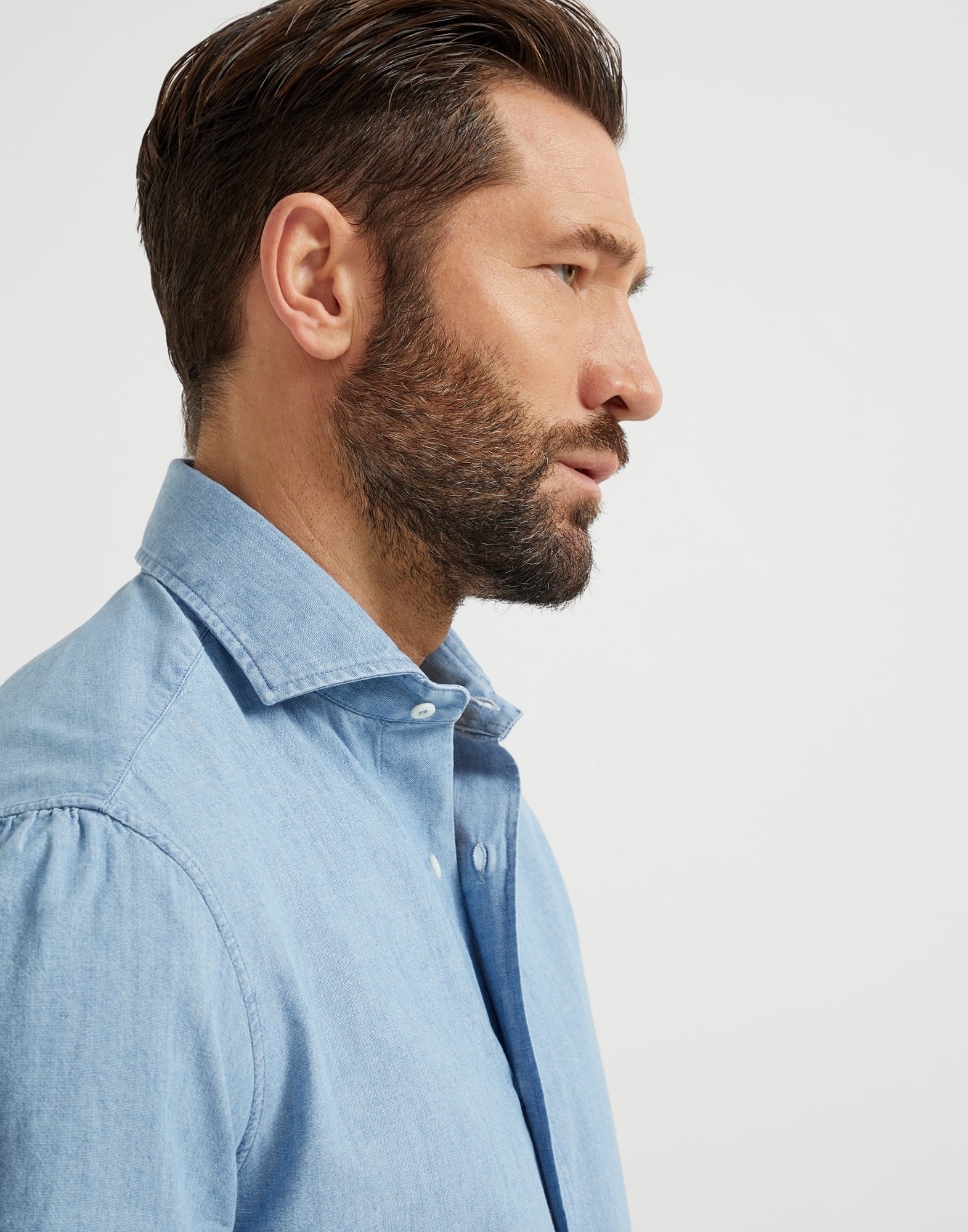 Denim-effect chambray basic fit shirt with spread collar - 3