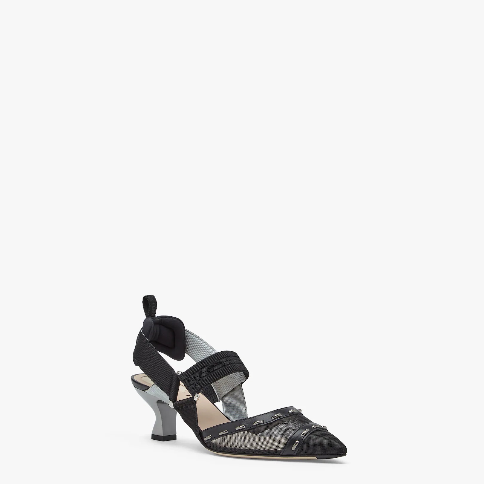 Black mesh, medium-heel slingbacks with metal stitches - 2