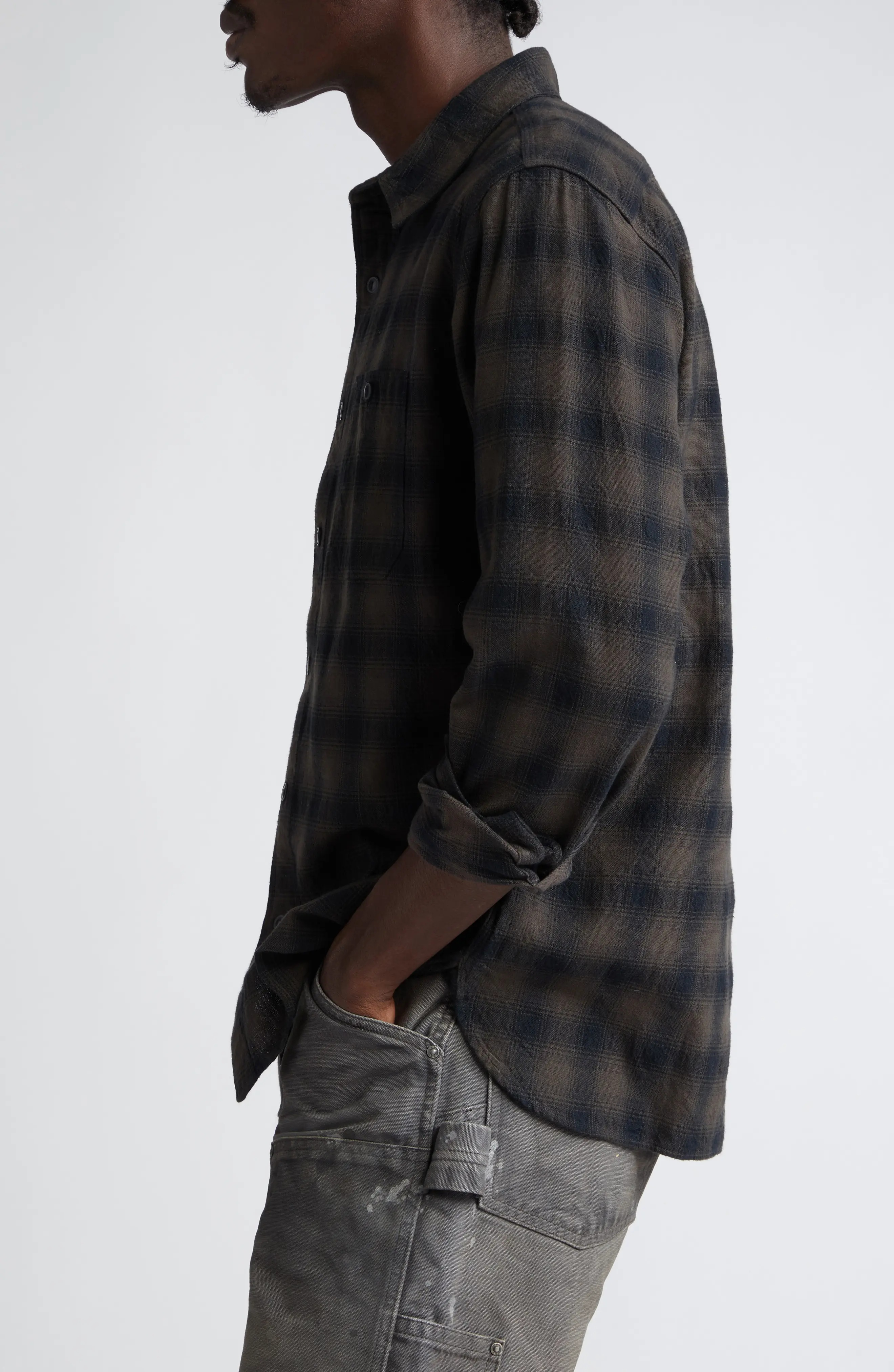 Plaid Cotton Button-Up Shirt in Black/Grey - 4