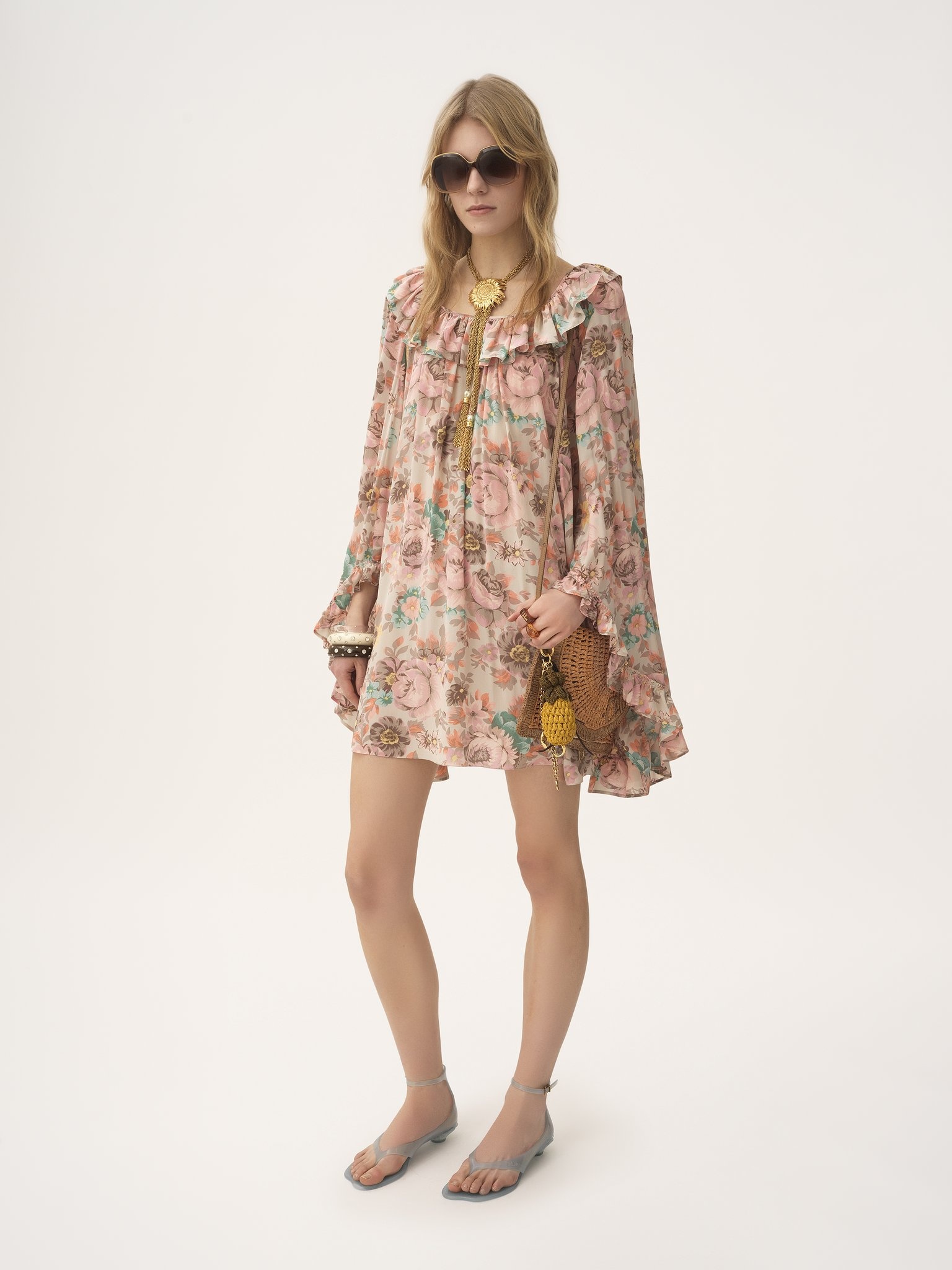 SQUARE-NECK RUFFLED MINI DRESS IN CRÊPE DE CHINE - 3