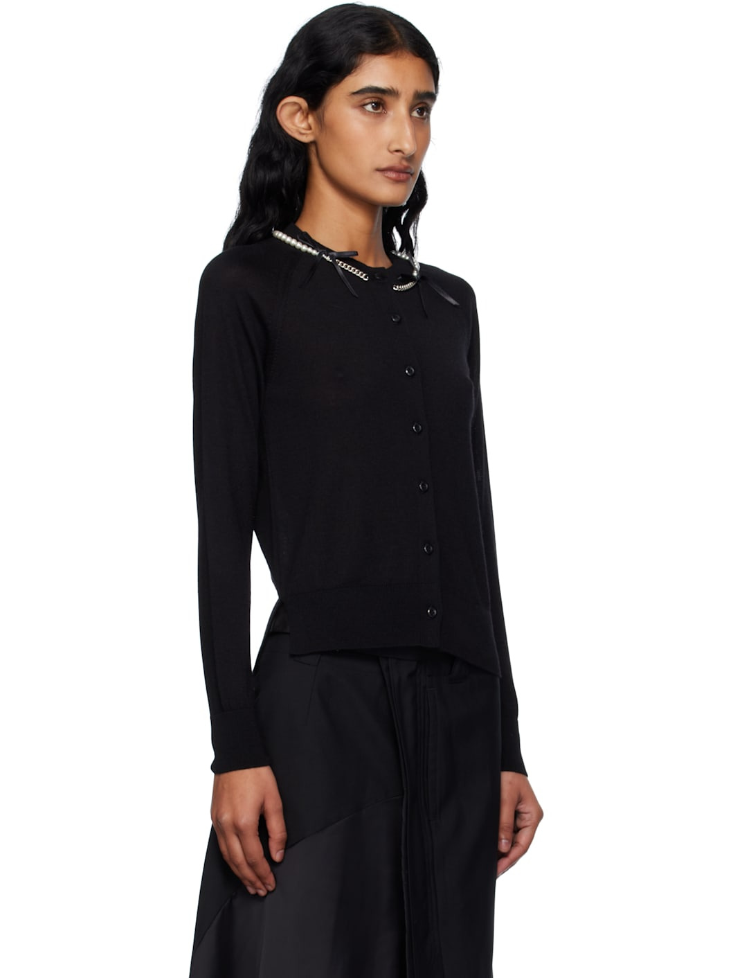 Black Pearl & Chain Bow Cardigan - 2