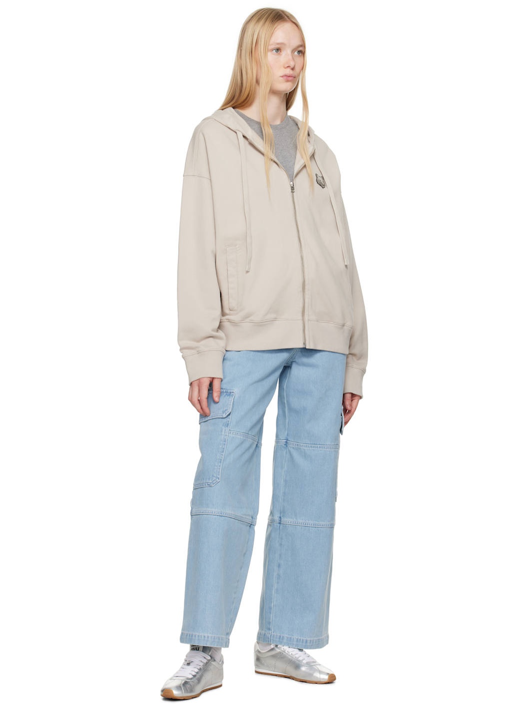 Beige Bold Fox Head Patch Fullzip Oversize Hoodie - 4