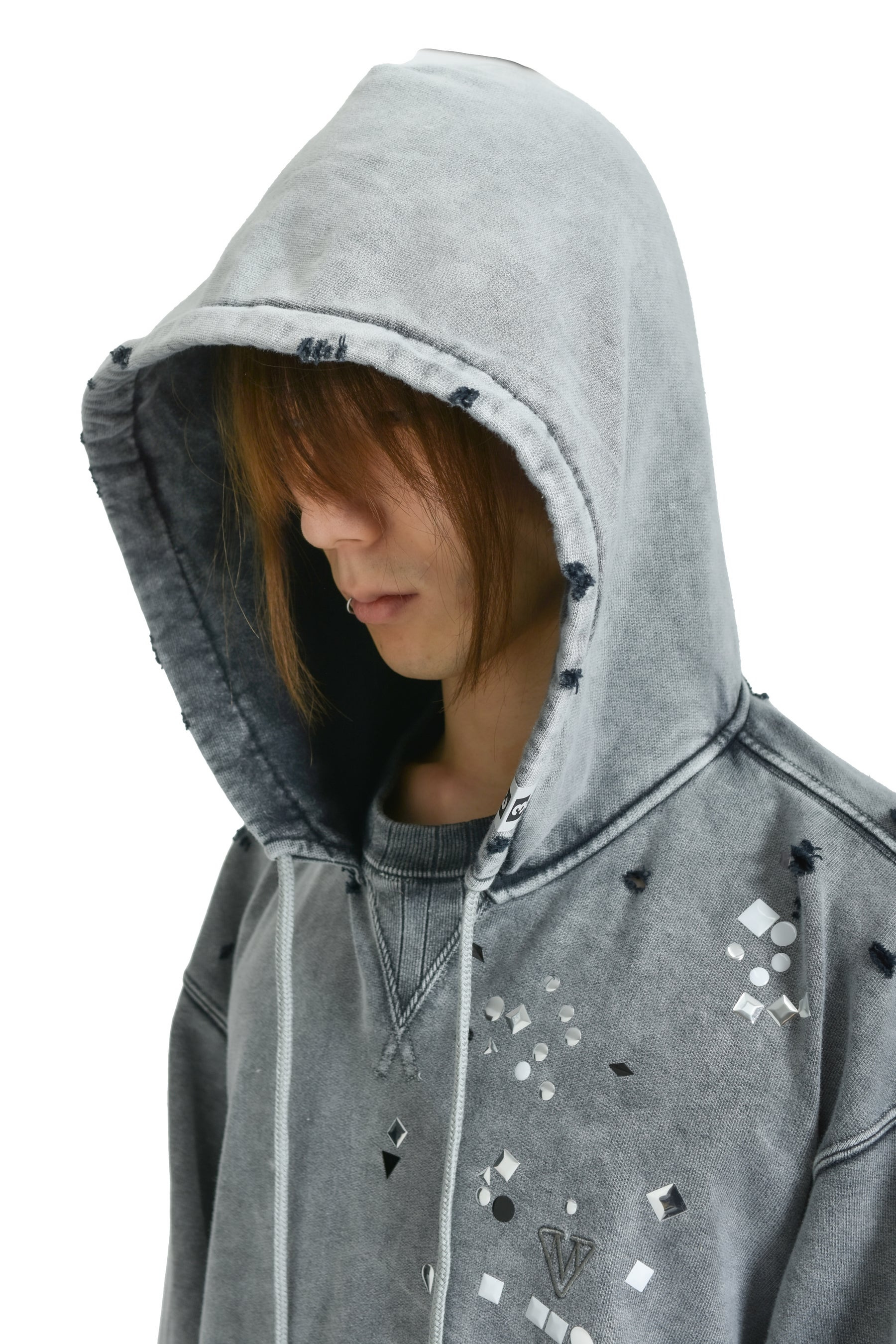 EMBELLISHED BLEACHED HOODIE / GRY - 5