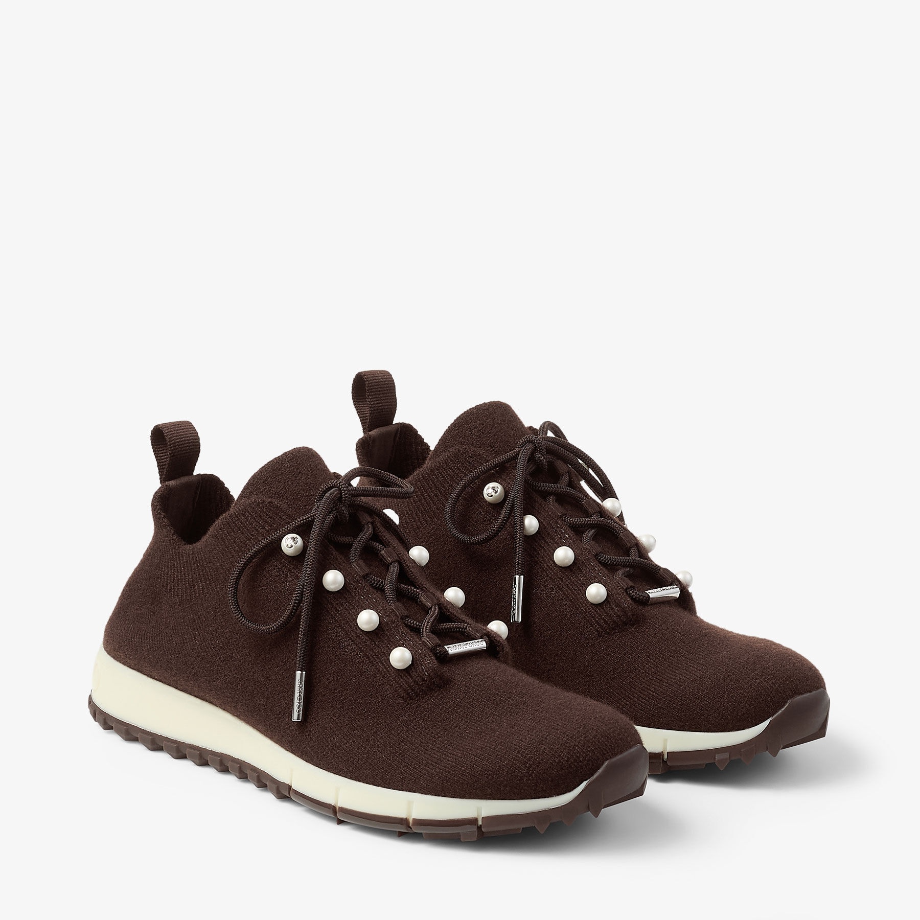 Veles
Chocolate Cashmere Melange Knit Trainers with Pearl Buttons - 2