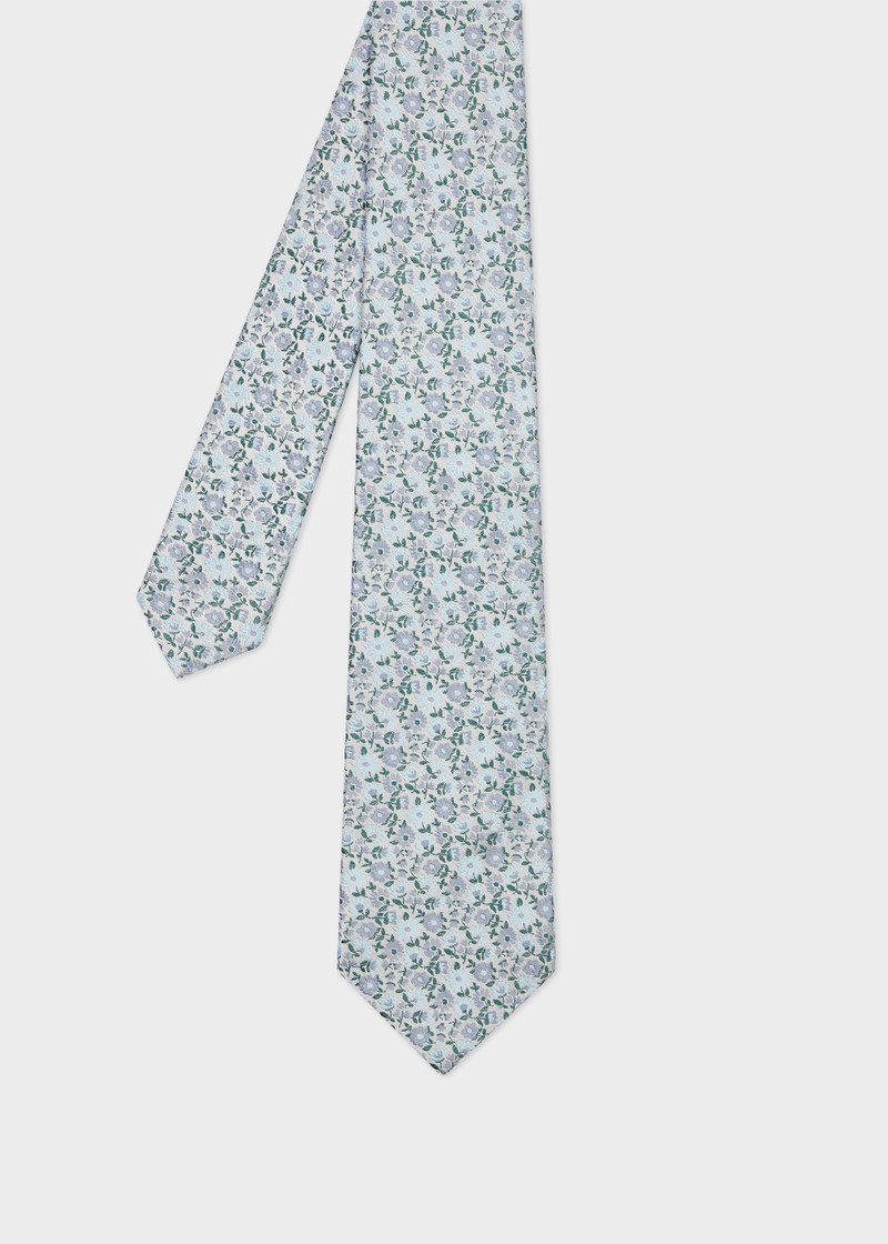 Grey and Blue Floral Silk Tie 1