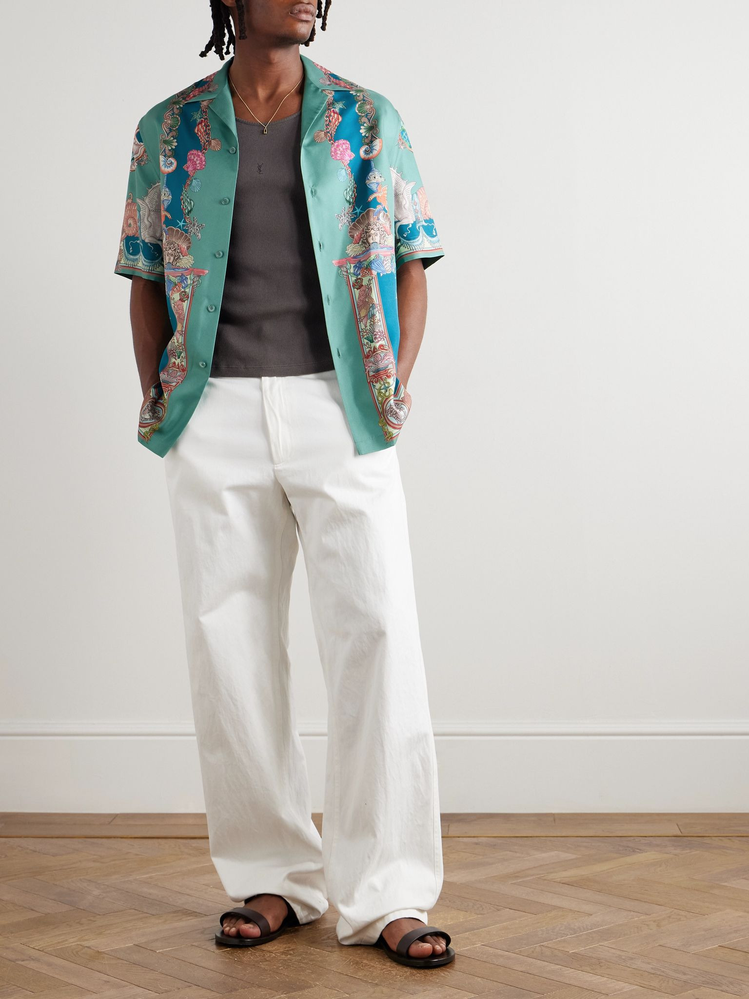Camp-Collar Printed Silk-Twill Shirt Green - 2