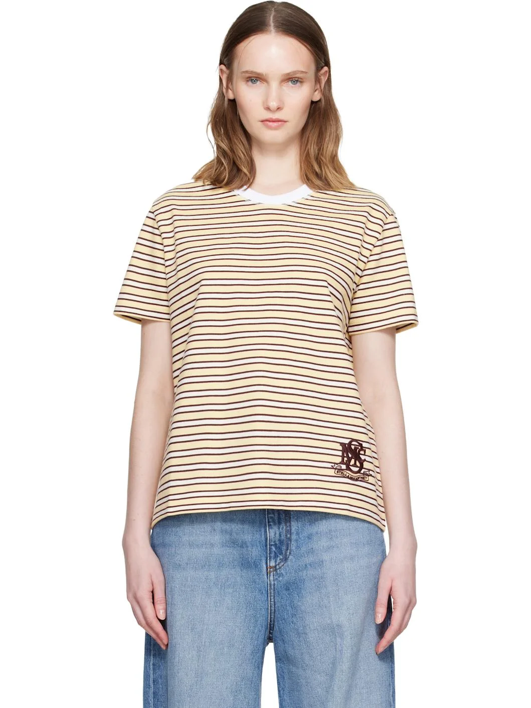 Yellow & Brown Fancy Stripe Crest Embroidery T-shirt - 1