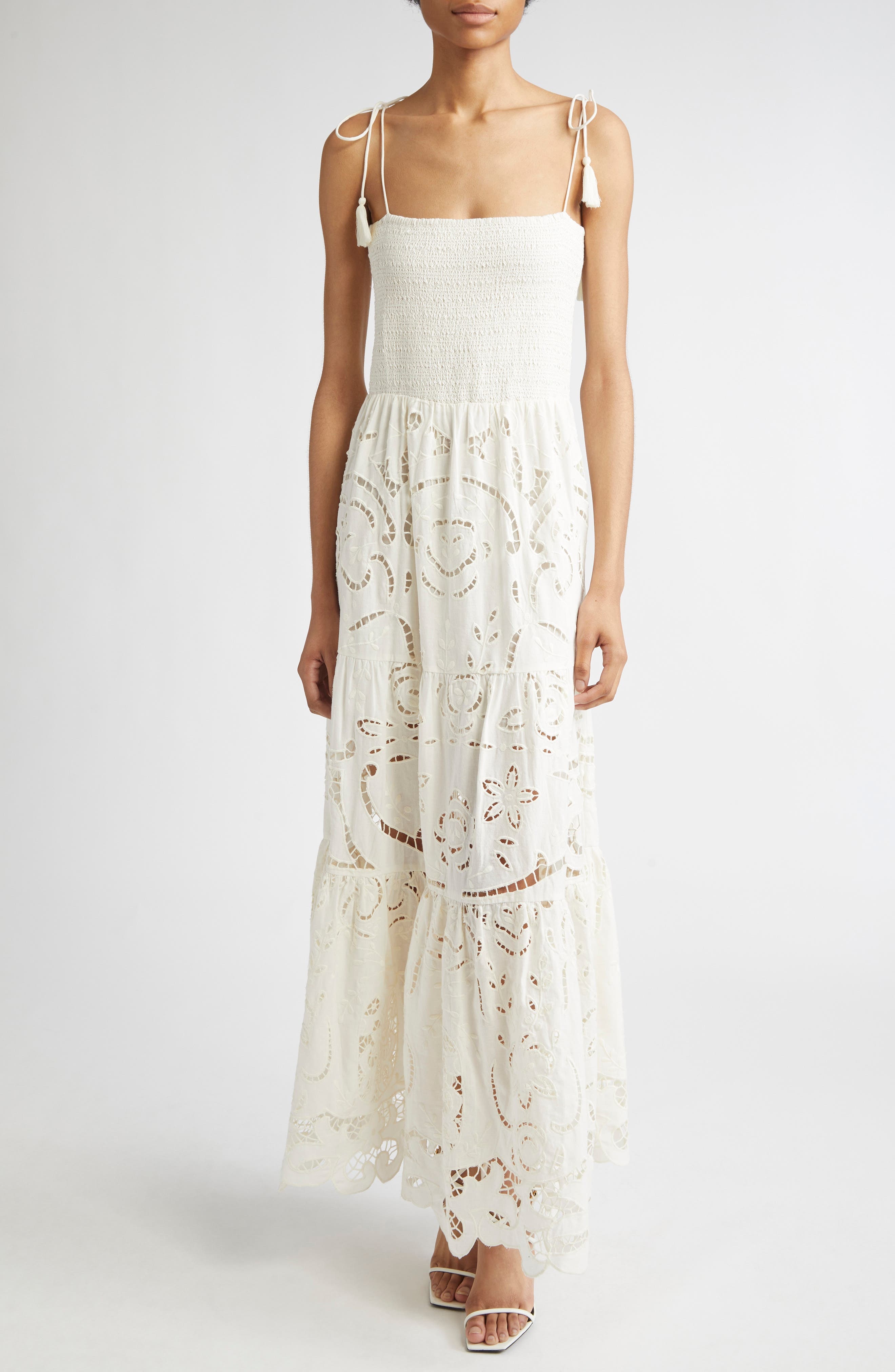 Alice + Olivia Marina Mixed Media Tiered Cotton & Linen Maxi Dress in Off White at Nordstrom - 1