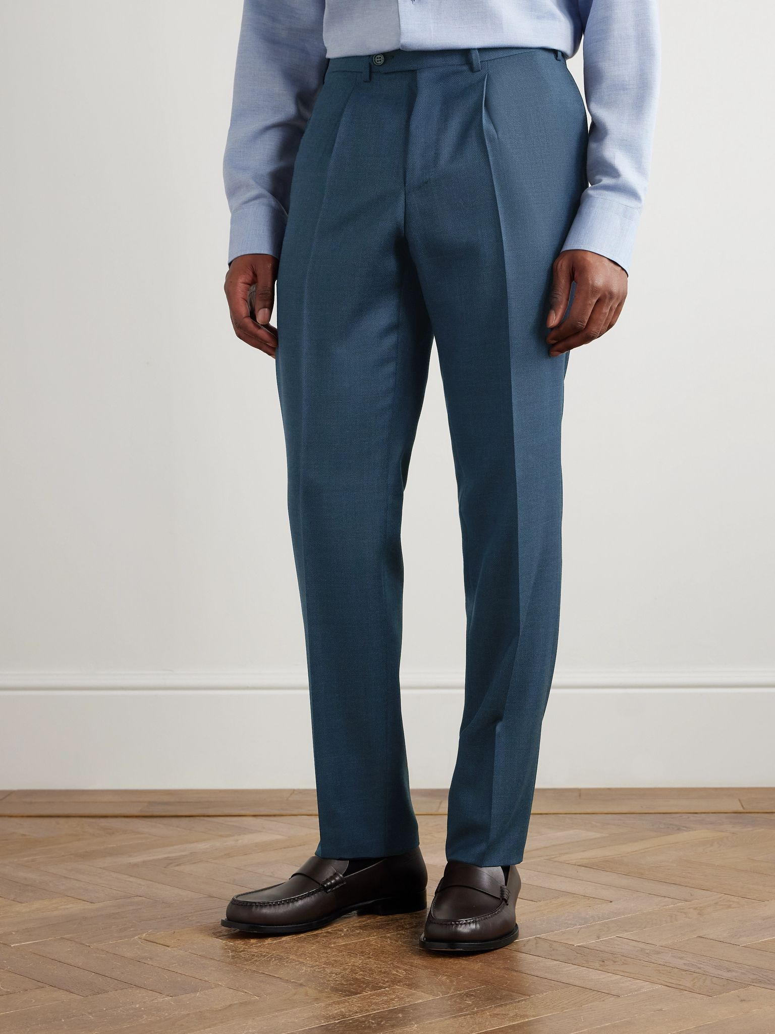 Tapered Pleated Checked Wool Suit Trousers Blue - 3