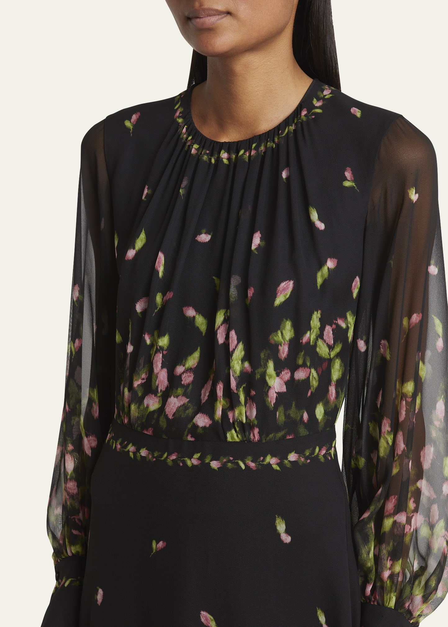 Floral Silk Long-Sleeve Midi Dress - 5