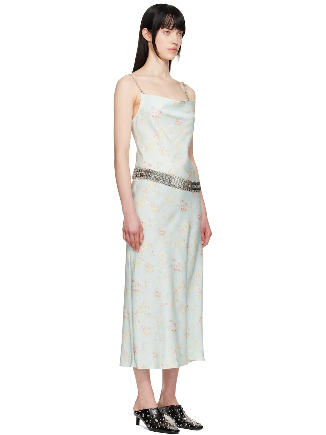 Blue Double Satin Printed Midi Dress - 2