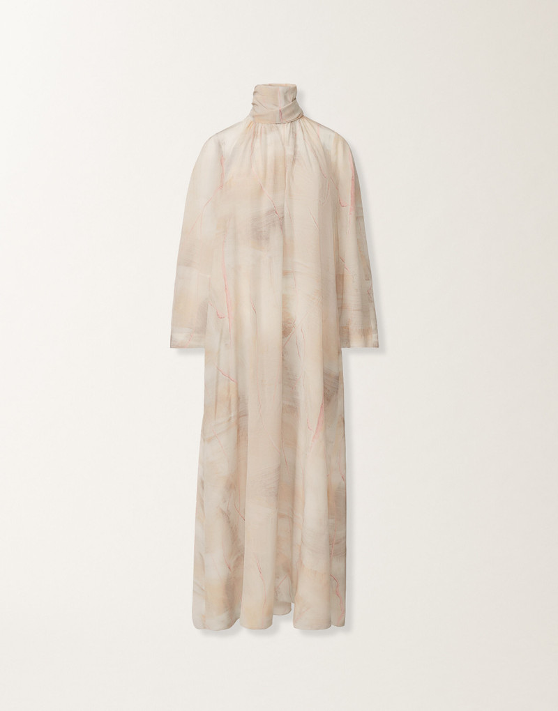 Printed crepe de chine dress, butter 1