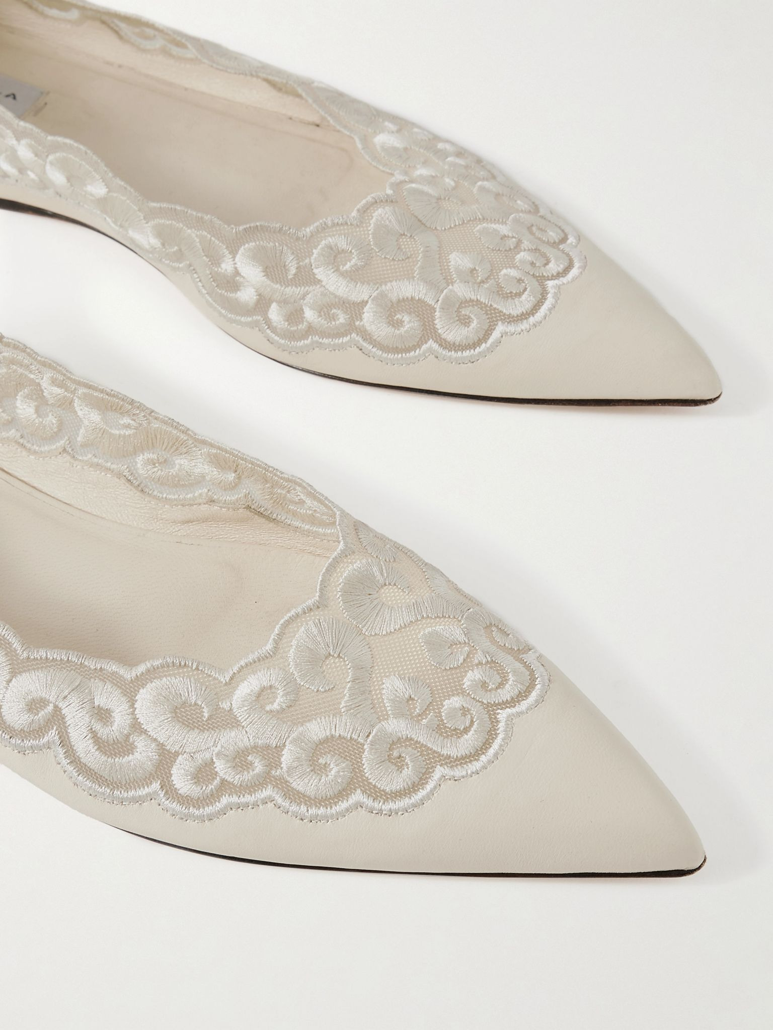 Ziva leather and embroidered tulle point-toe flats Ivory - 4