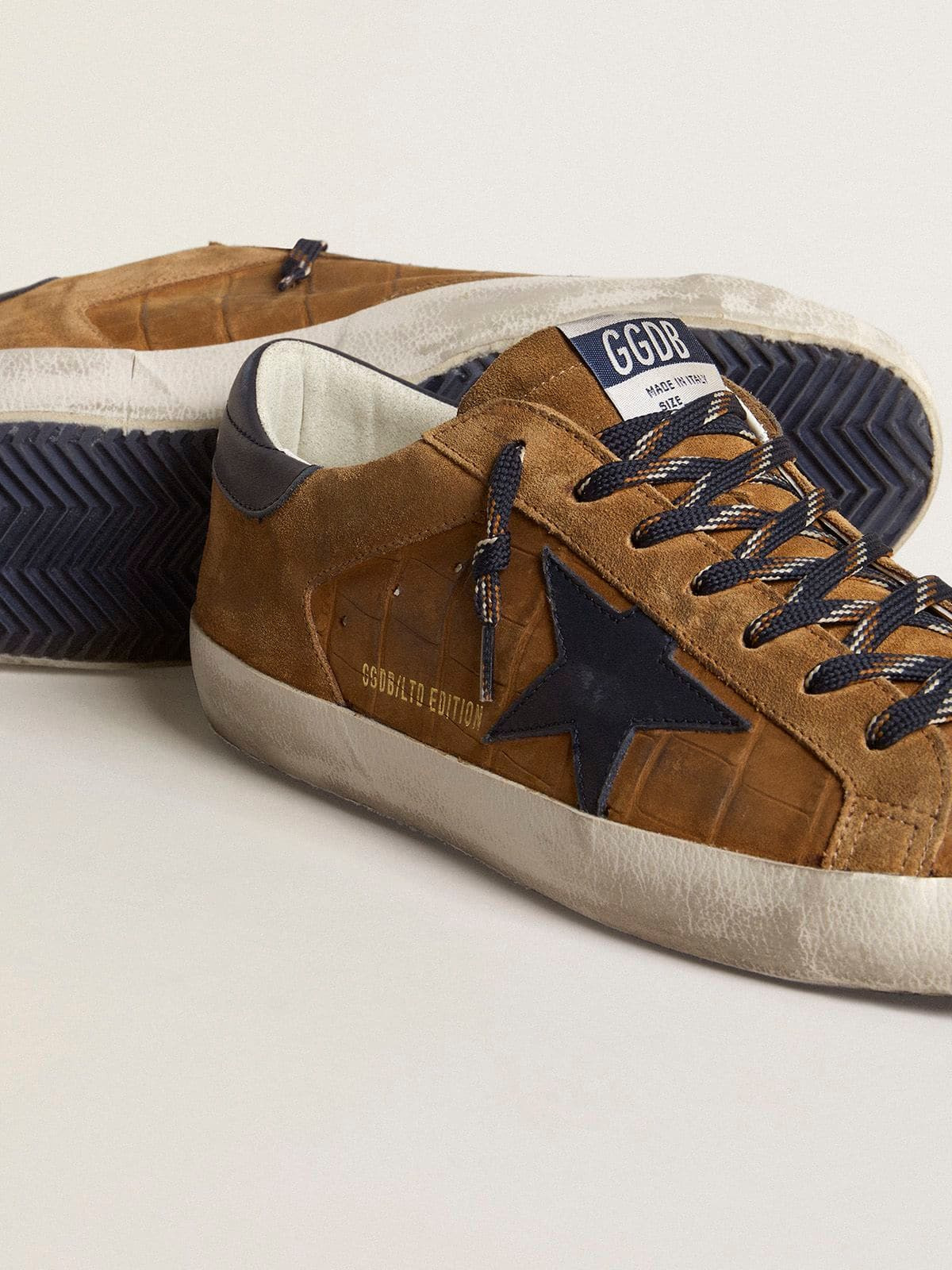 Super-Star LTD in tobacco-colored croc-print leather with midnight blue leather star and heel tab - 3