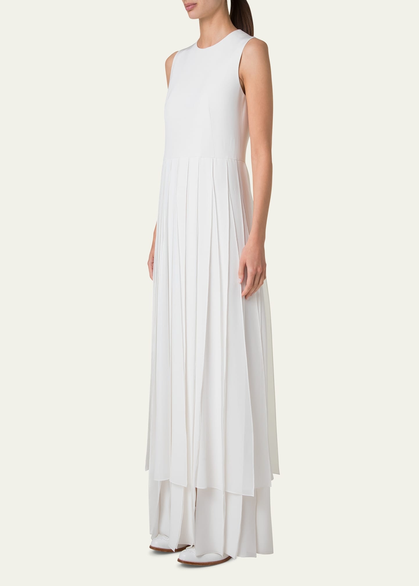 Sleeveless Pleated Ribbon Silk Crepe Gown - 4