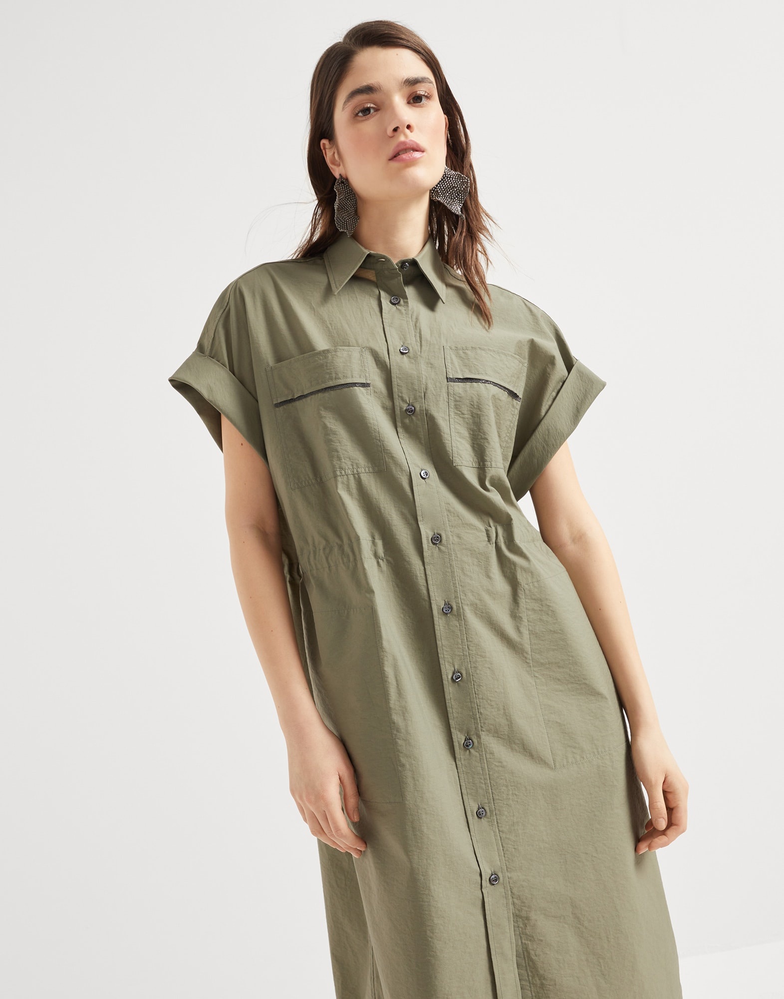 Techno cotton poplin shirt dress with precious trims - 4