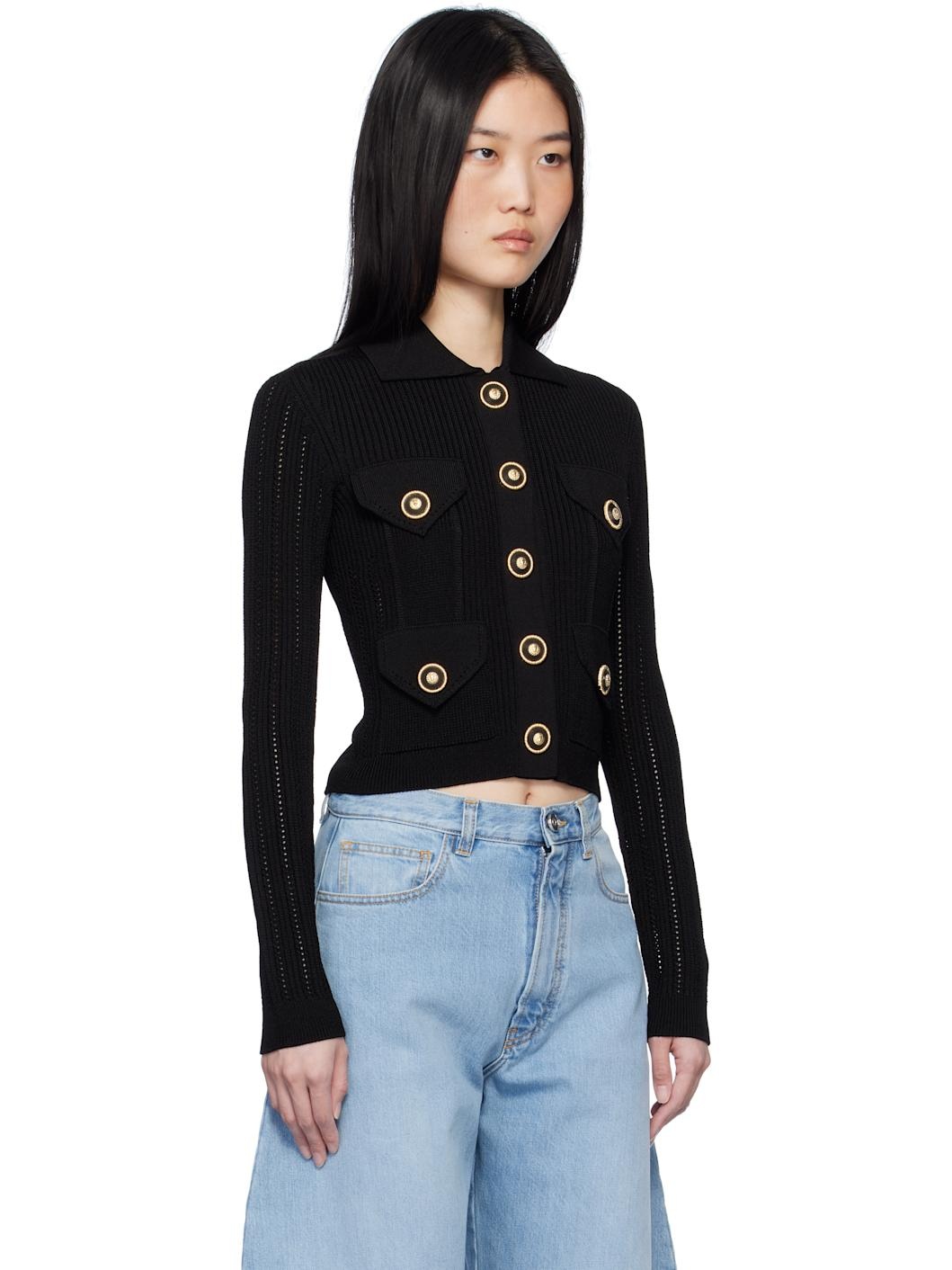 Black Cropped Ribbed Knit Cardigan - 2