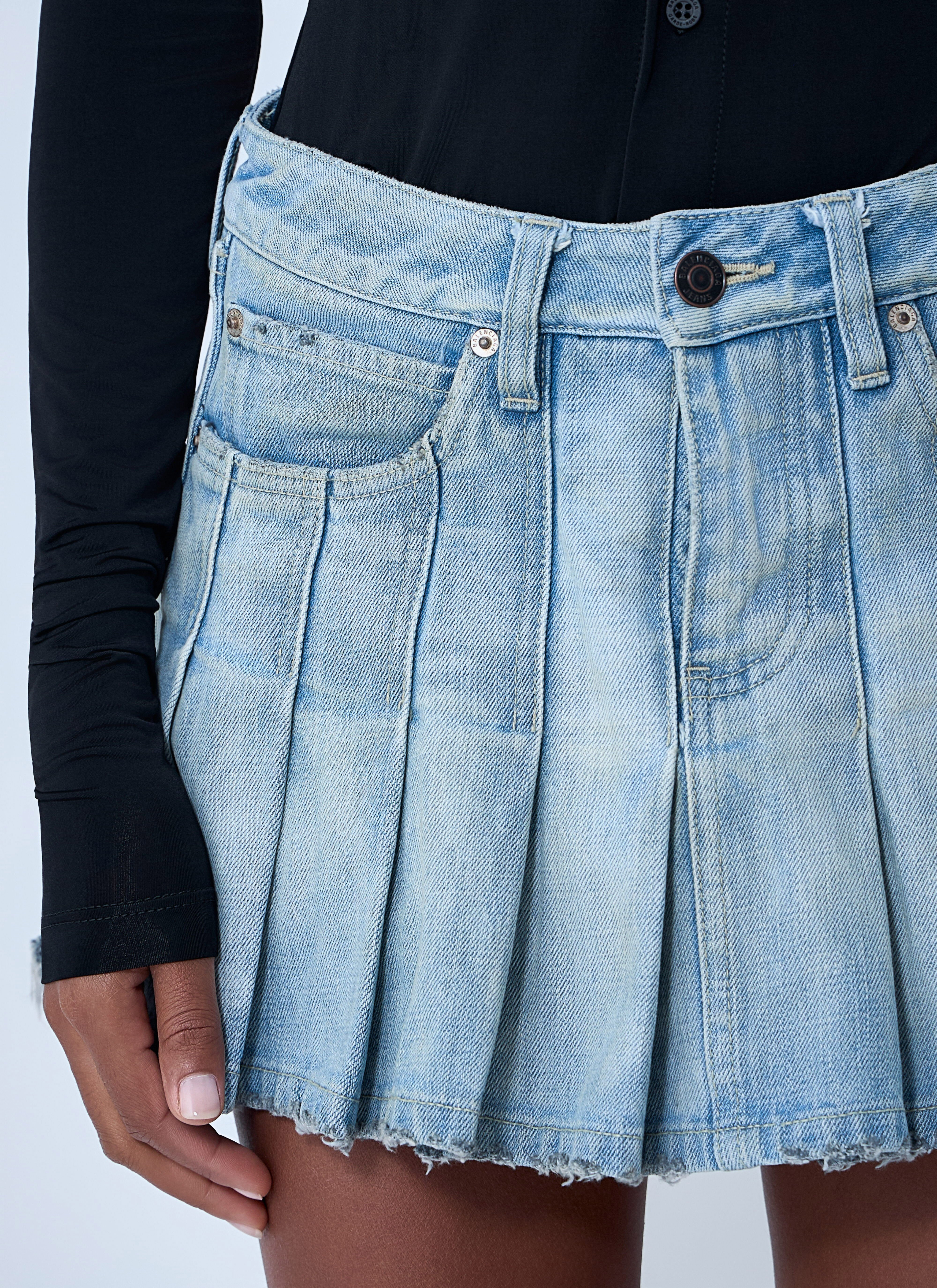 Pleated Denim Mini Skirt - 5