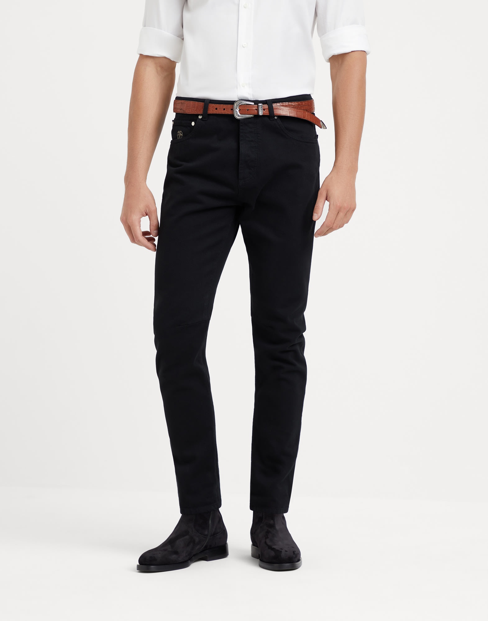 Garment-dyed leisure fit five-pocket trousers in slubbed cotton denim - 1