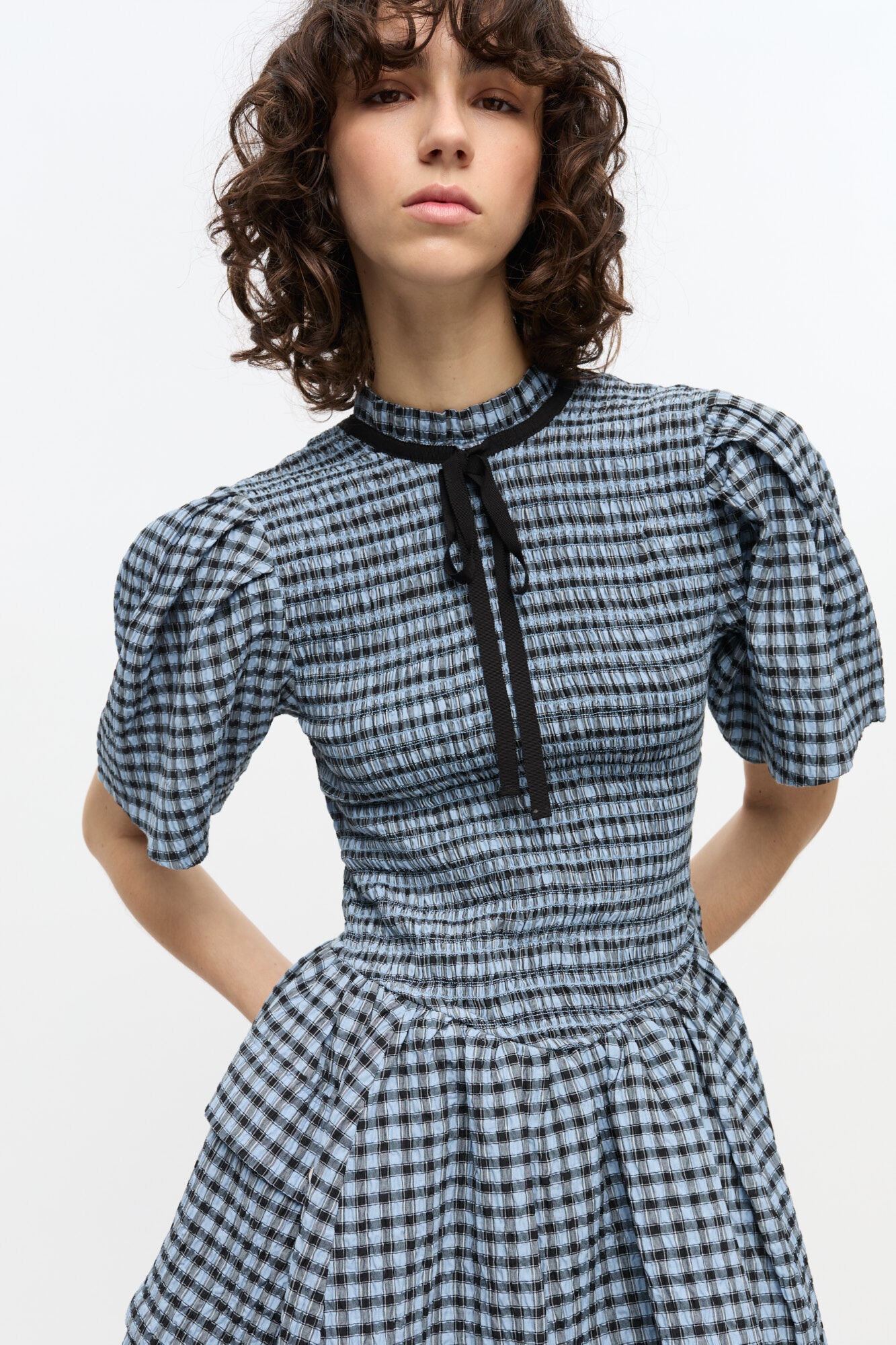 BLUE SEERSUCKER CHECK MINI SMOCK DRESS - 4