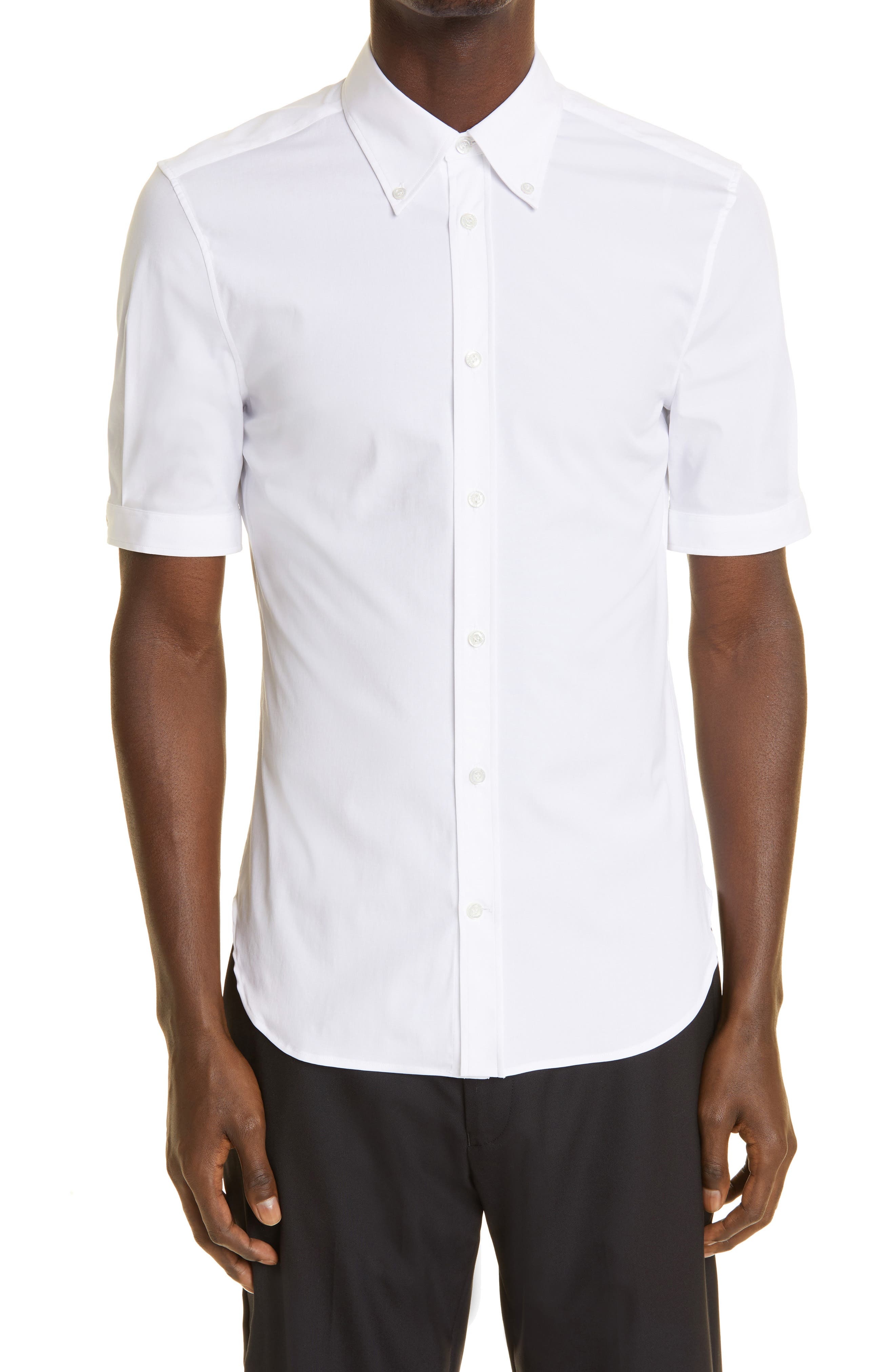 Alexander McQueen Short Sleeve Cotton Stretch Poplin Button-Down Shirt in White at Nordstrom, Size 1 - 1