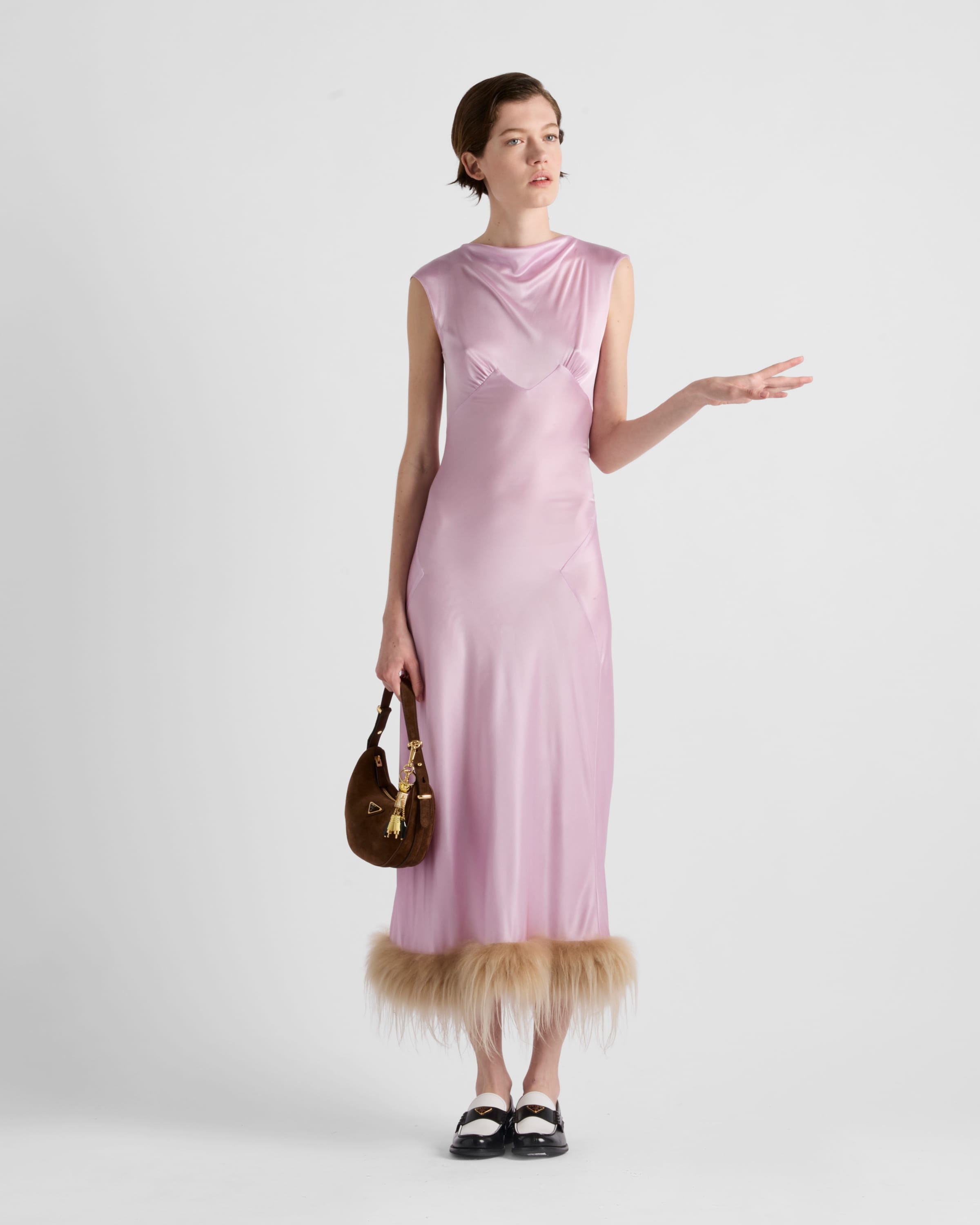 Jersey satin dress with feather - 2